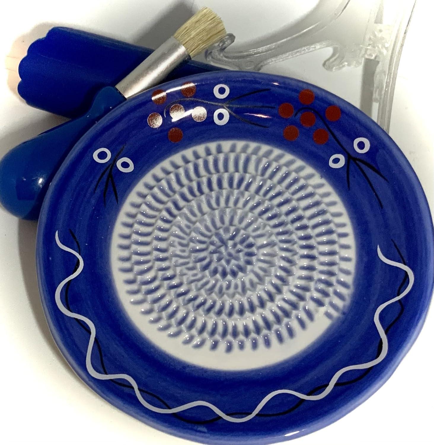 All-in-one 4pcs Premium Ceramic Garlic Grater Set - HandMade, Blue Stoneware Design Grater Plate_Garlic Peeler, Gathering Brush, Display Stand, It's also grating Turmeric, Ginger, and more,.