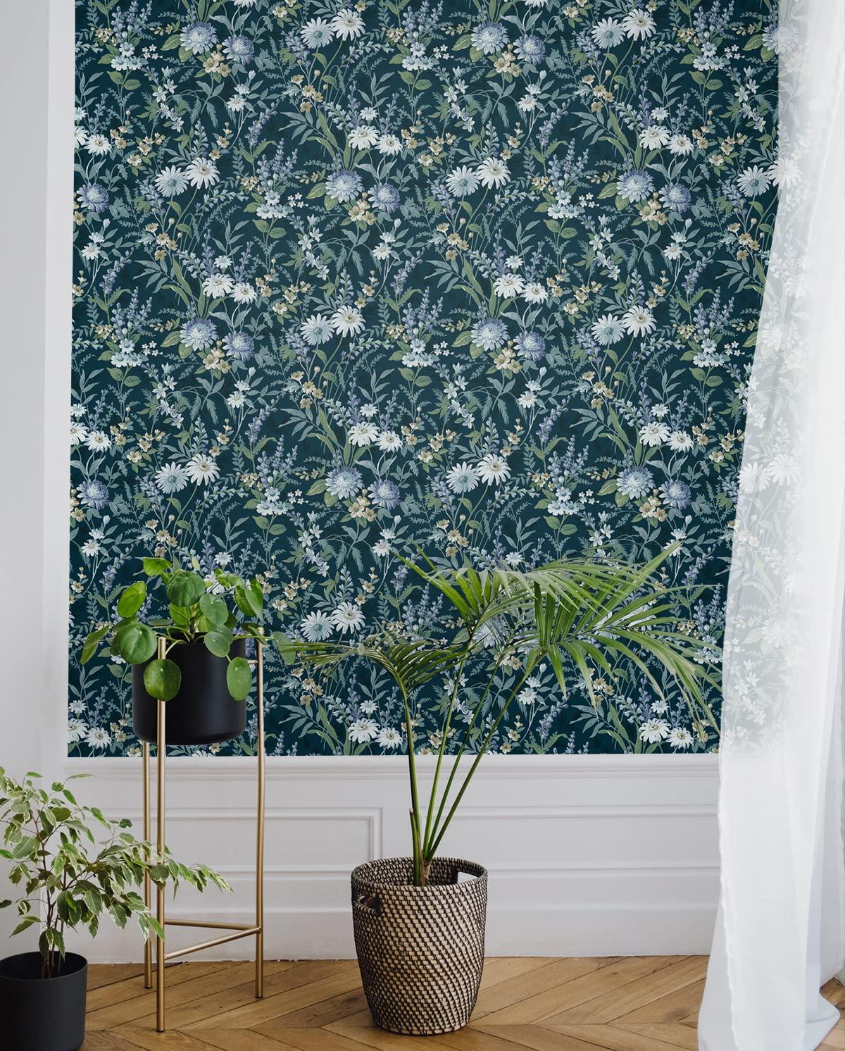 NextWall  Vintage Floral Peel and Stick Wallpaper 20.5 in. W x 18 ft. L - Teal