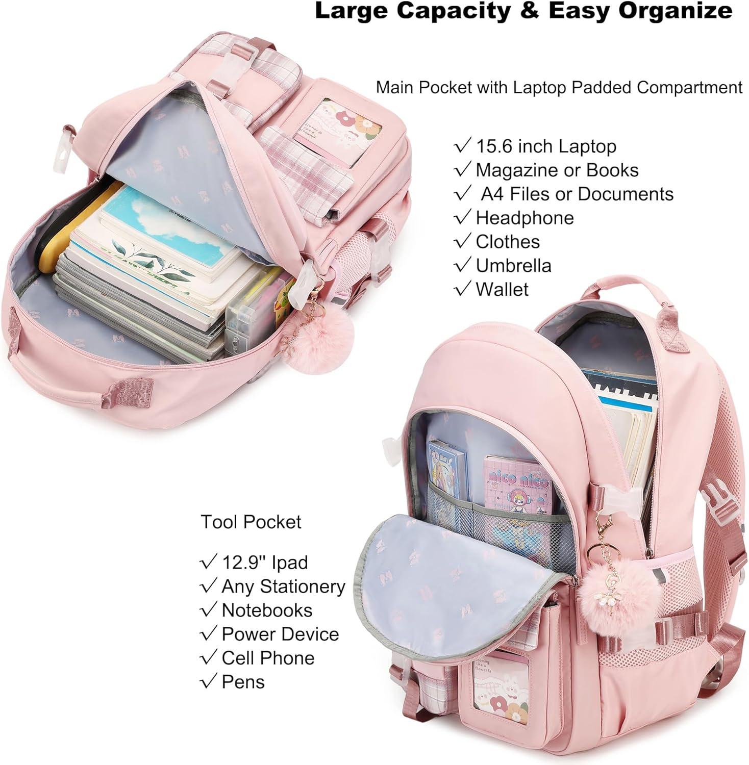 Backpack for Girls, 15.6 Inch Laptop School Bag Kids Kindergarten Elementary College Backpacks Large Bookbags for Teen Girl Women Students Casual Travel Daypacks (Pink)
