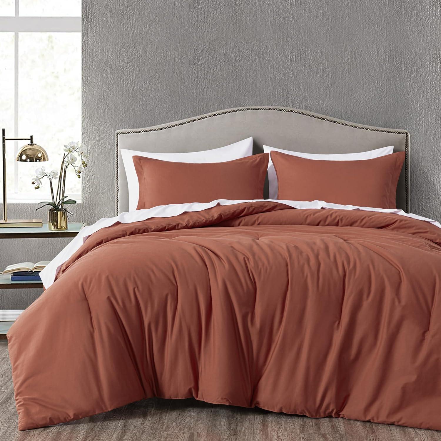 Chezmoi Collection Solid Terracotta Cotton Comforter Set King Size, 3-Piece Luxury Soft Breathable Smooth Cooling 250TC Cotton Twill Lightweight Bedding Comforter for All Season