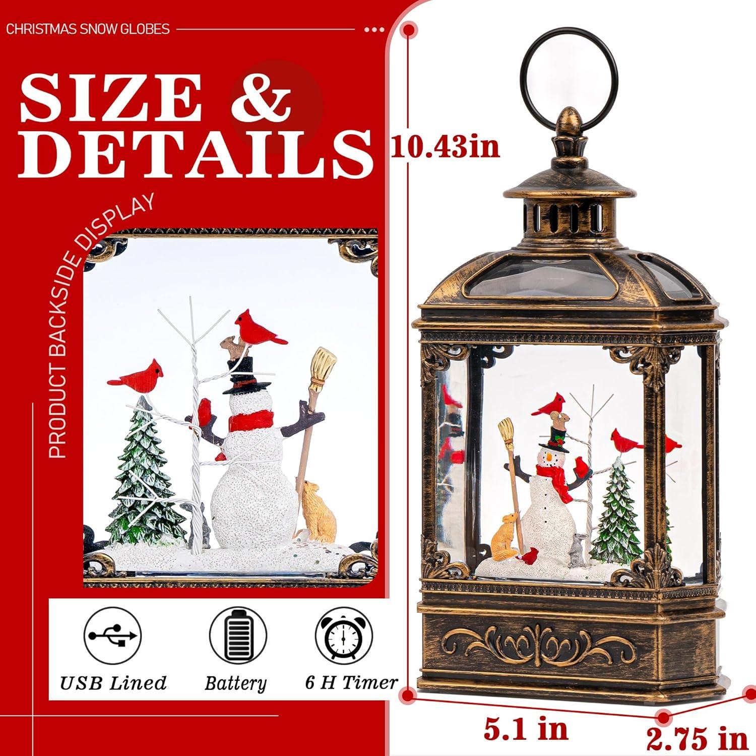 Christmas Snow Globe Lantern Water Glittering Snowman Family With Music & Timer, USB Lined/Battery Operated Lighted Lantern For Christmas Festival Decoration Gifts