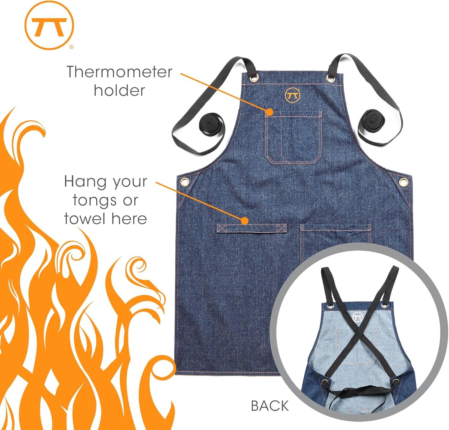 Outset Leather BBQ and Kitchen Apron, Men's and Women's, Blue Denim, Cross Back