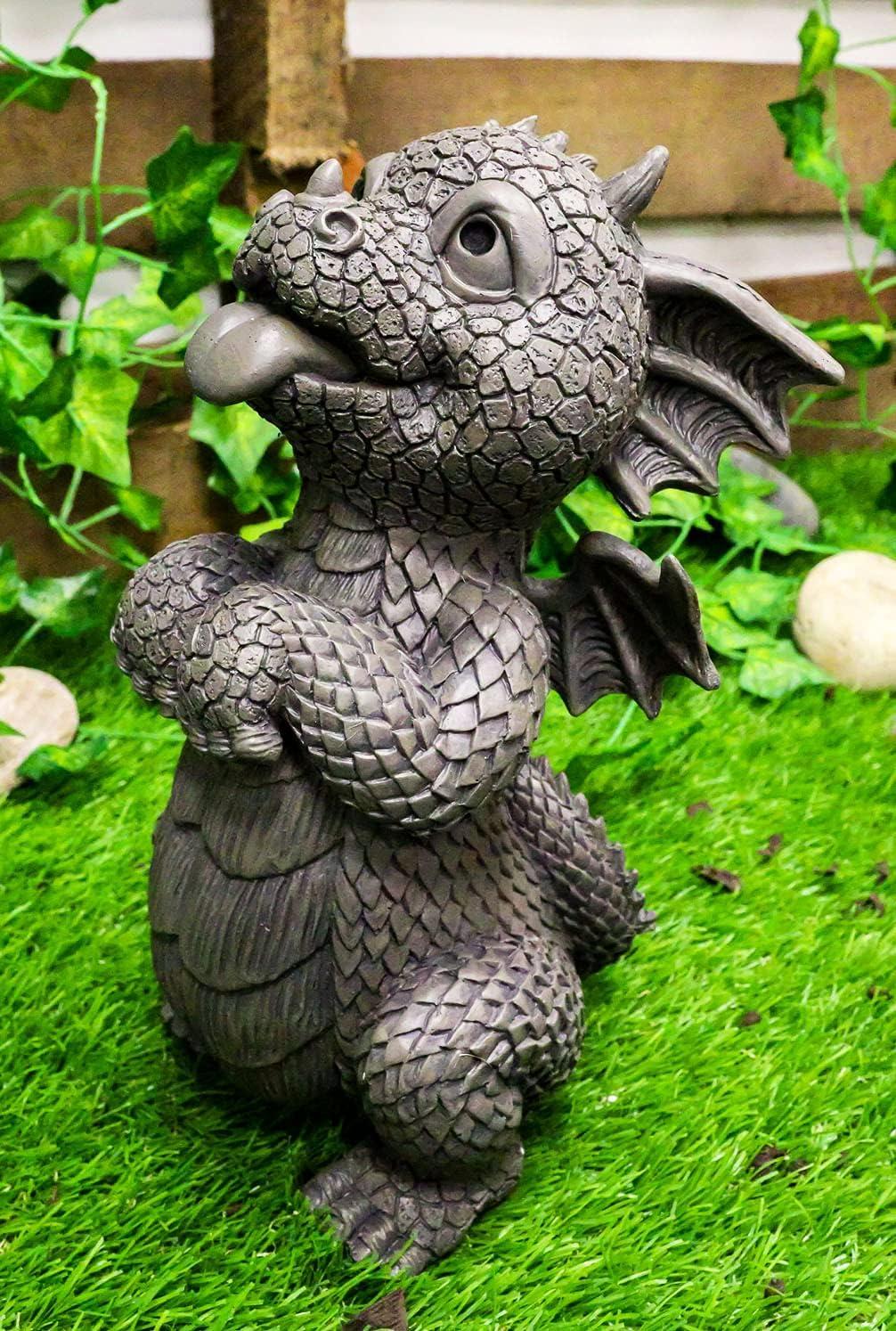 Whimsical Gray Resin Begging Garden Dragon Statue