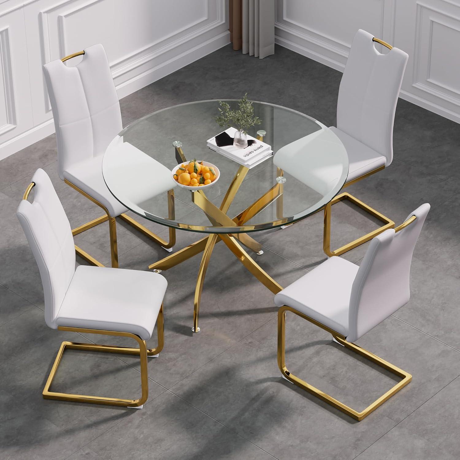 Modern White PU Leather Dining Set with Gold Base and Glass Top