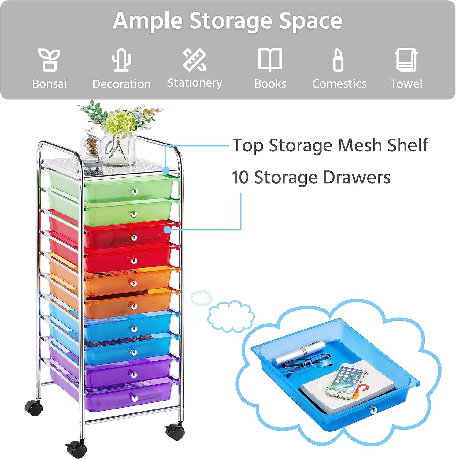 Renwick 10 Drawer Rolling Storage Cart with Lockable Wheels, Multicolor