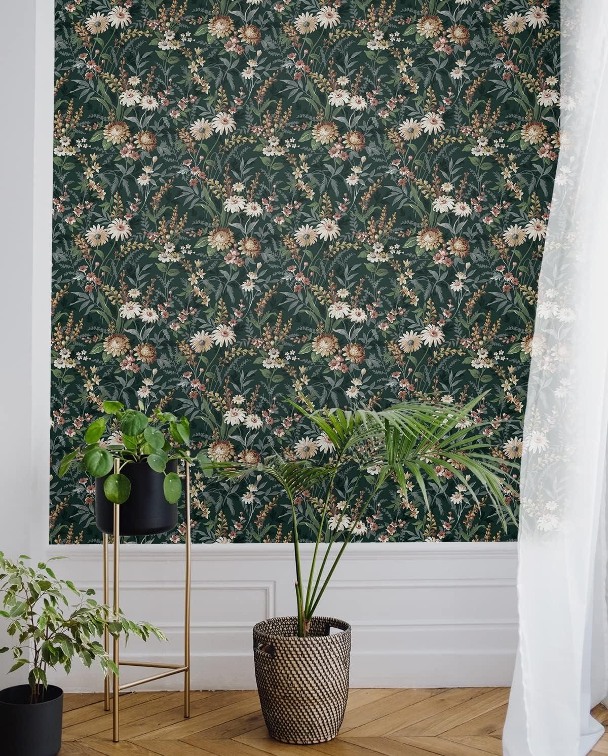 NextWall  Vintage Floral Peel and Stick Wallpaper 20.5 in. W x 18 ft. L - Forest Green