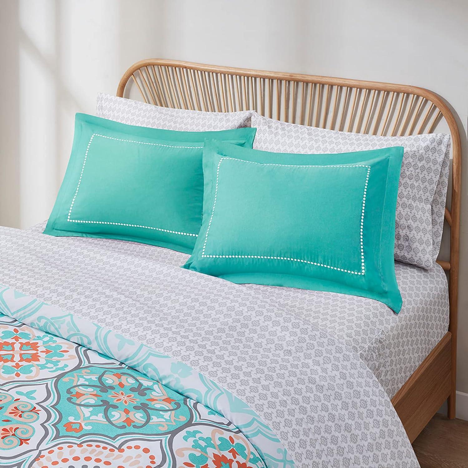 Queen Size Aqua and Coral Microfiber Boho Bed in a Bag Set