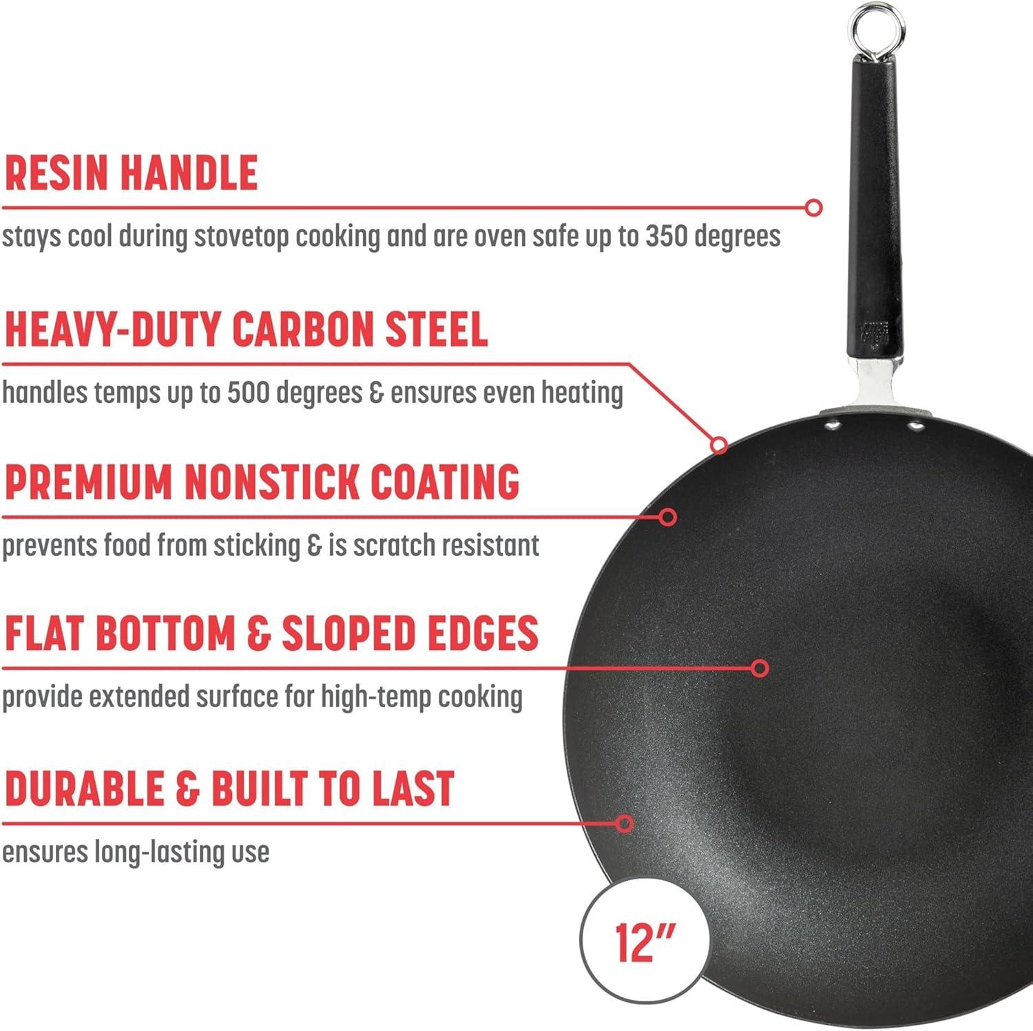 12-Inch Black Carbon Steel Nonstick Stir Fry Pan