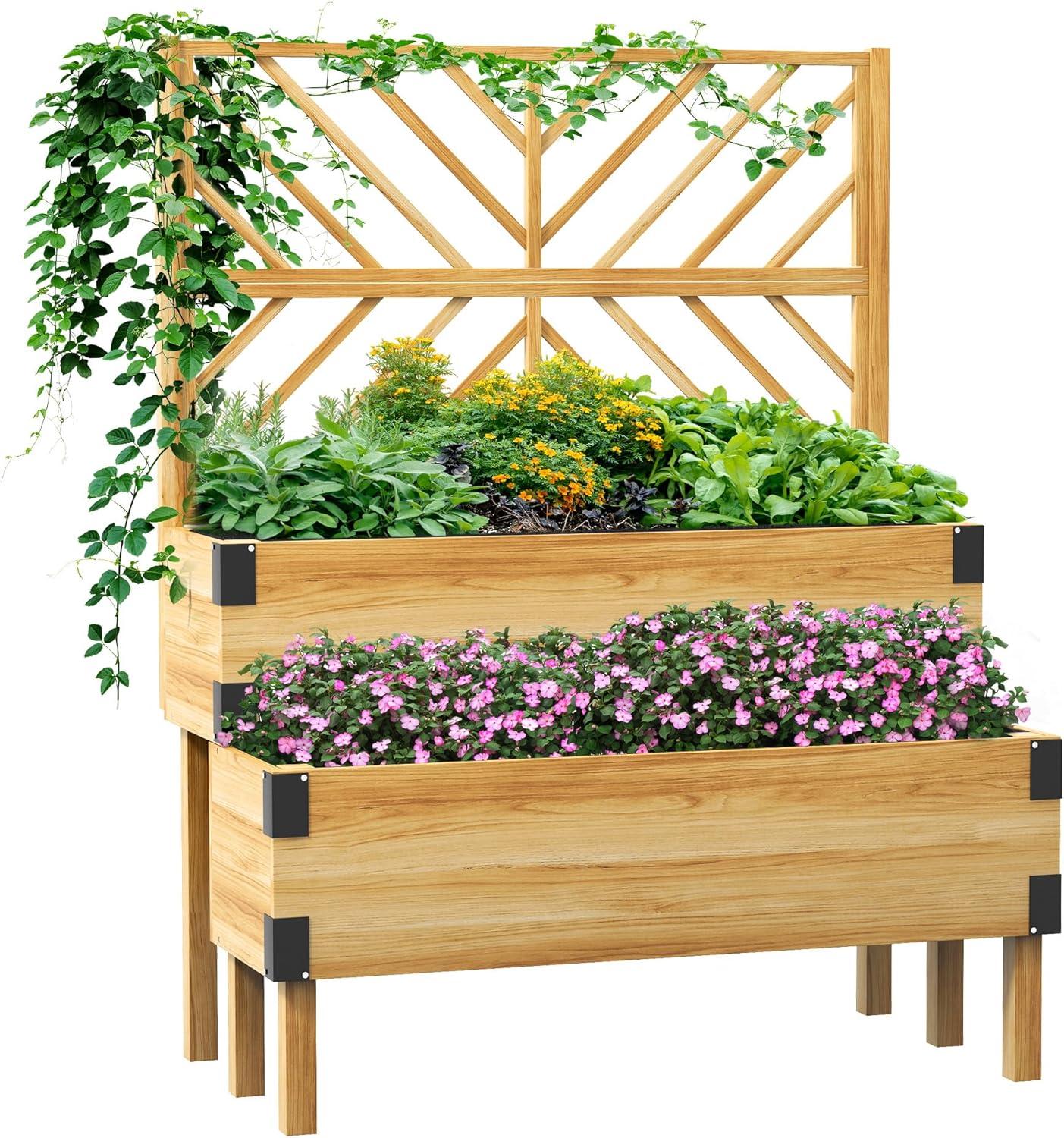 Outsunny Raised Garden Bed with Trellis, 2 Tier Wooden Elevated Planter Box with Legs and Metal Corners for Vegetables, Flowers, Herbs, Gray