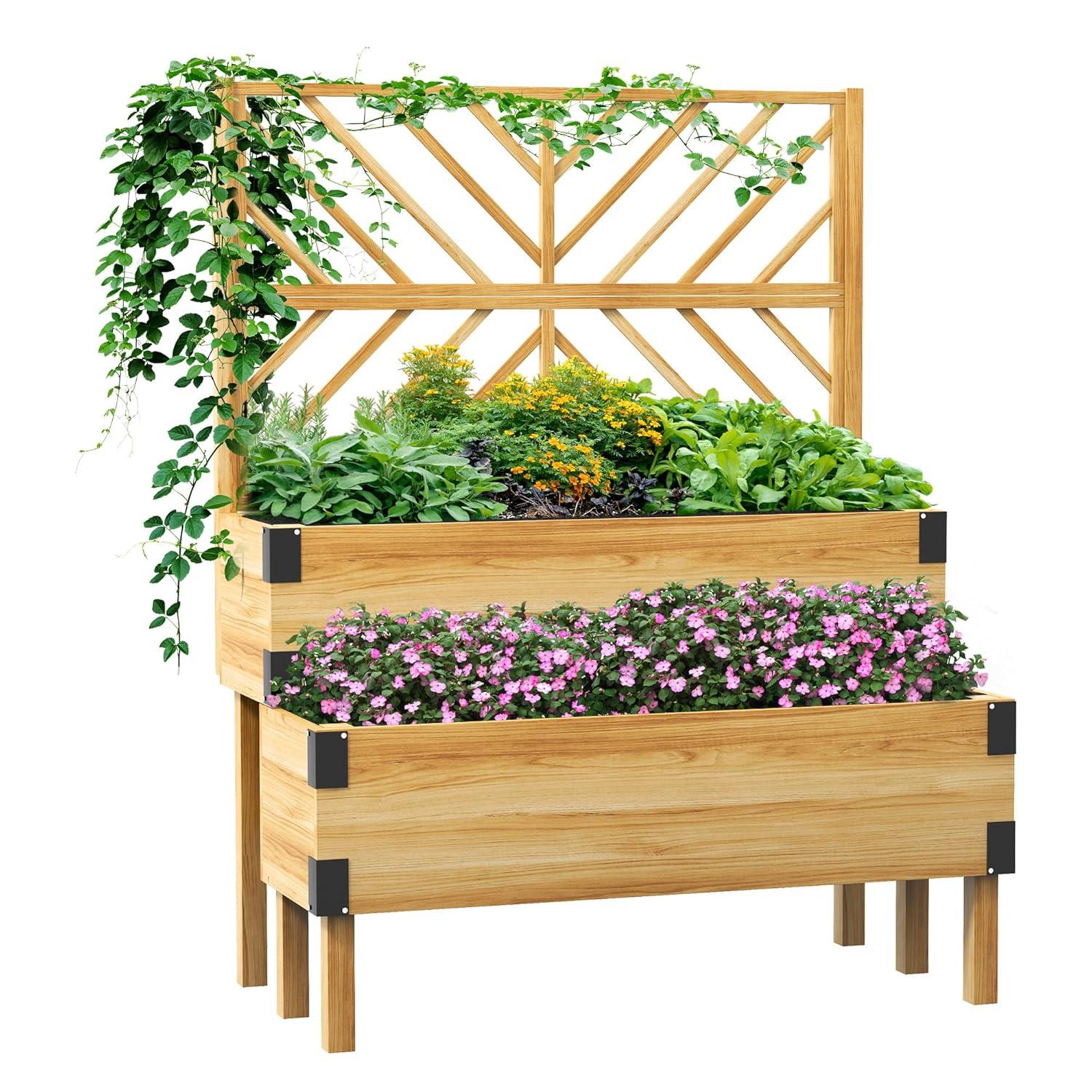 Outsunny Raised Garden Bed with Trellis, 2 Tier Wooden Elevated Planter Box with Legs and Metal Corners for Vegetables, Flowers, Herbs, Gray