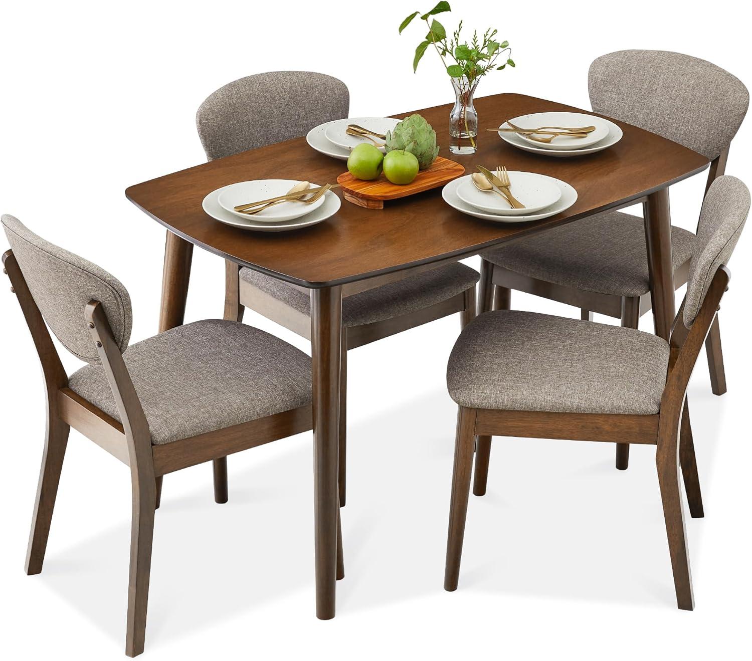 5-Piece Compact Wooden Mid-Century Modern Dining Set w/ 4 Chairs, Padded Seat & Back