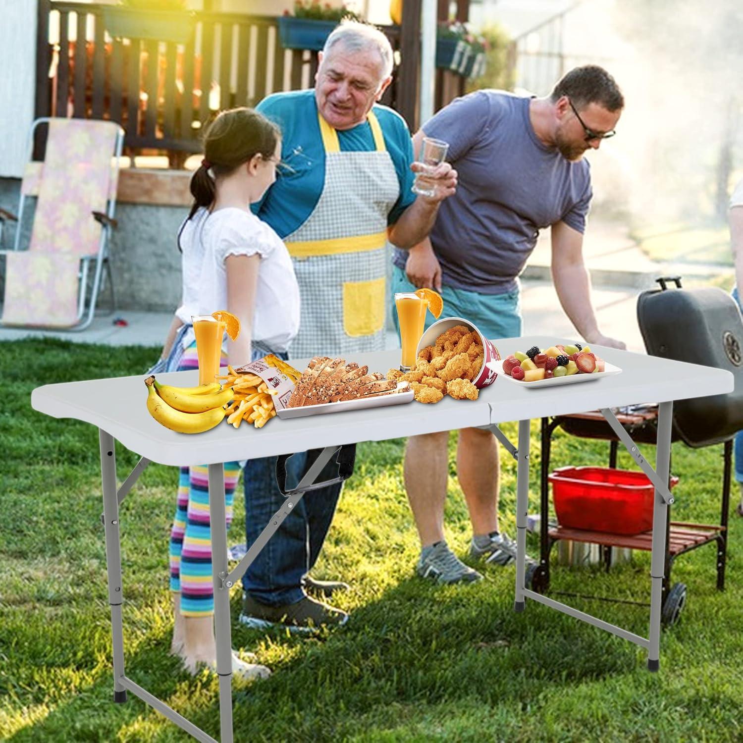 CL.HPAHKL 4 ft Folding Table with 3 Adjustable Height, Small Plastic Foldable Table with Carrying Handle, Portable Camping Table Fold in Half for Indoor Outdoor Camping, Picnic and Party, White