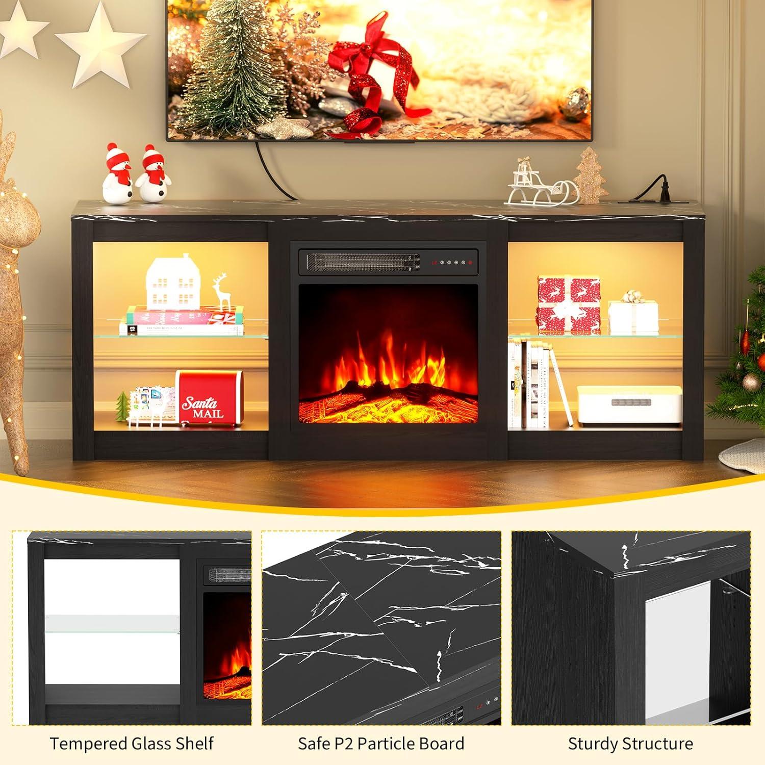 BOSSIN 58" Fireplace TV Stand for 65 inch TV Console with 18'' Electric Fireplace & Remote, Wooden Modern Entertainment Center for Living Room with LED Light Glass Shelves