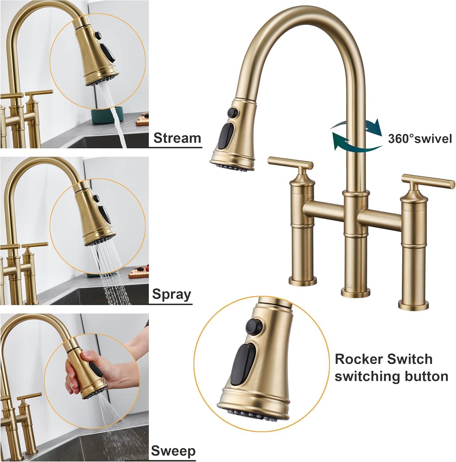 Double Handle Bridge Pull-Down Kitchen Faucet with 3-Spray Patterns and 360 Degrees Rotation Spout in Brushed Nickel