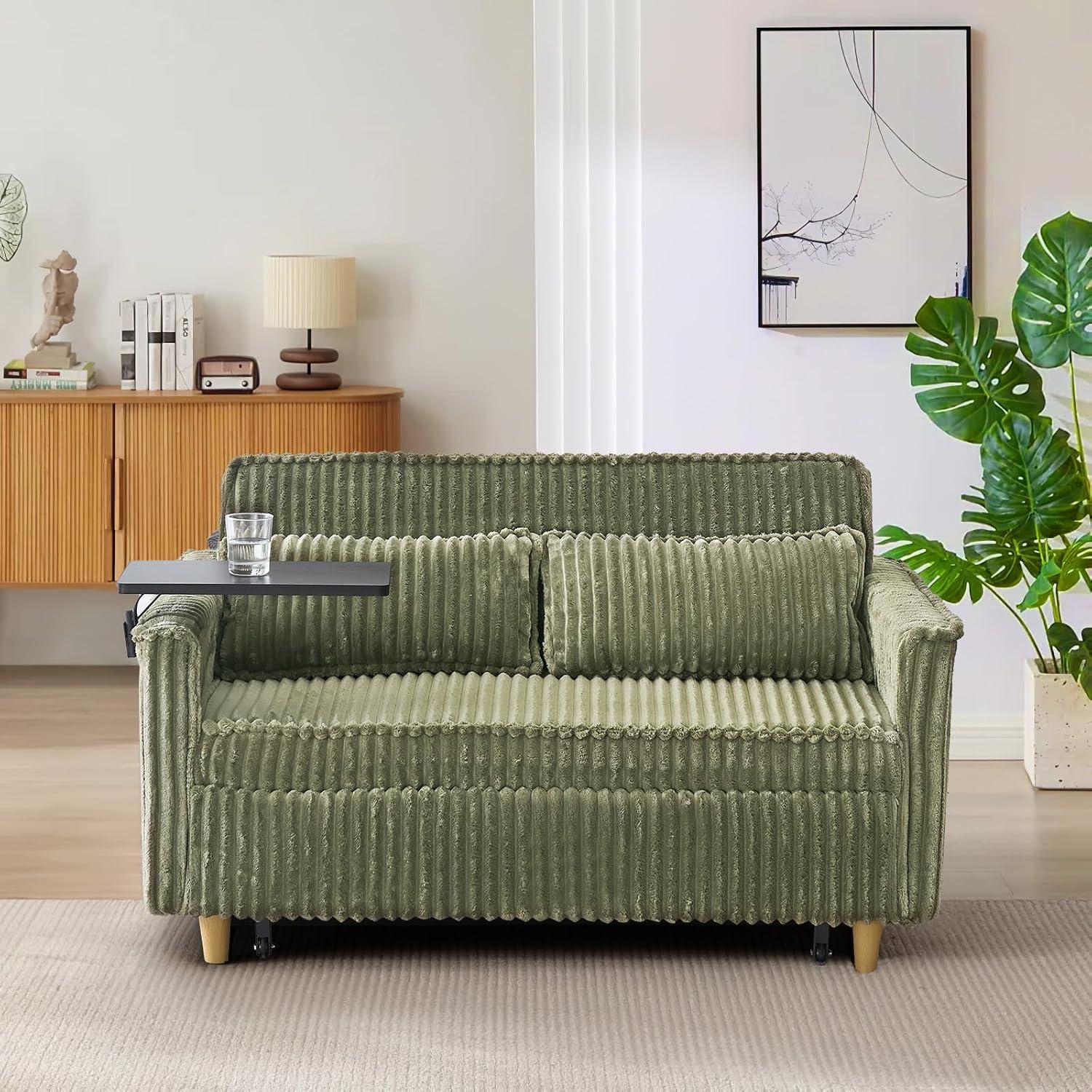 54"W Convertible Sleeper Sofa Bed,3-In-1 Corduroy Pull Out Couch Bed,Futon Loveseat Sleeper Couch with Adjustable Backrest and USB Ports & Side Table,Recliner for Living Room,Office,Small Space,Green