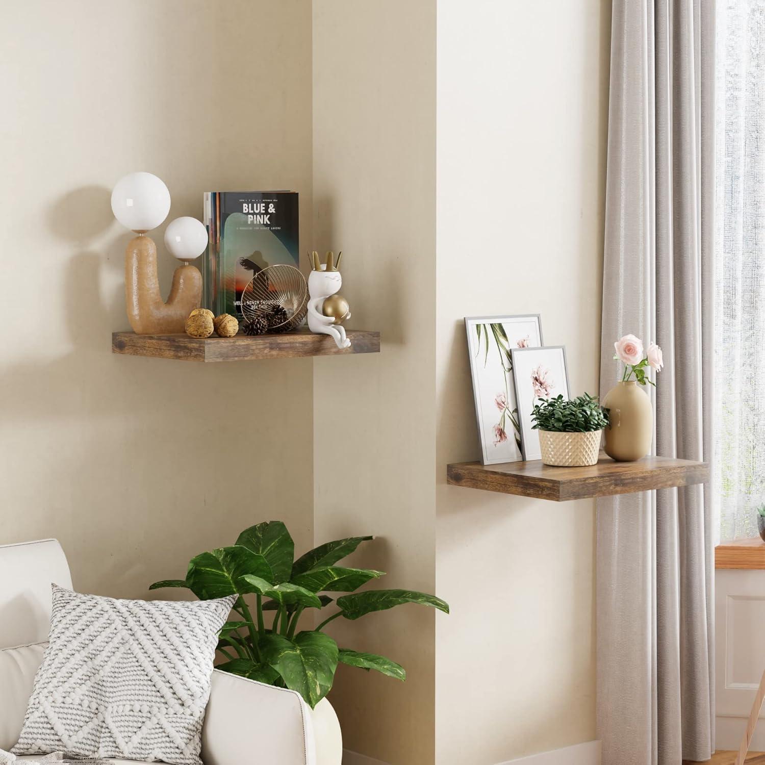 Rustic Brown 12 Inch Deep Floating Shelves for Wall - Set of 2, Wood Shelving Live Edge Shelves Display for Storage, Bathroom & Living Room, Bedroom, Kitchen, Office