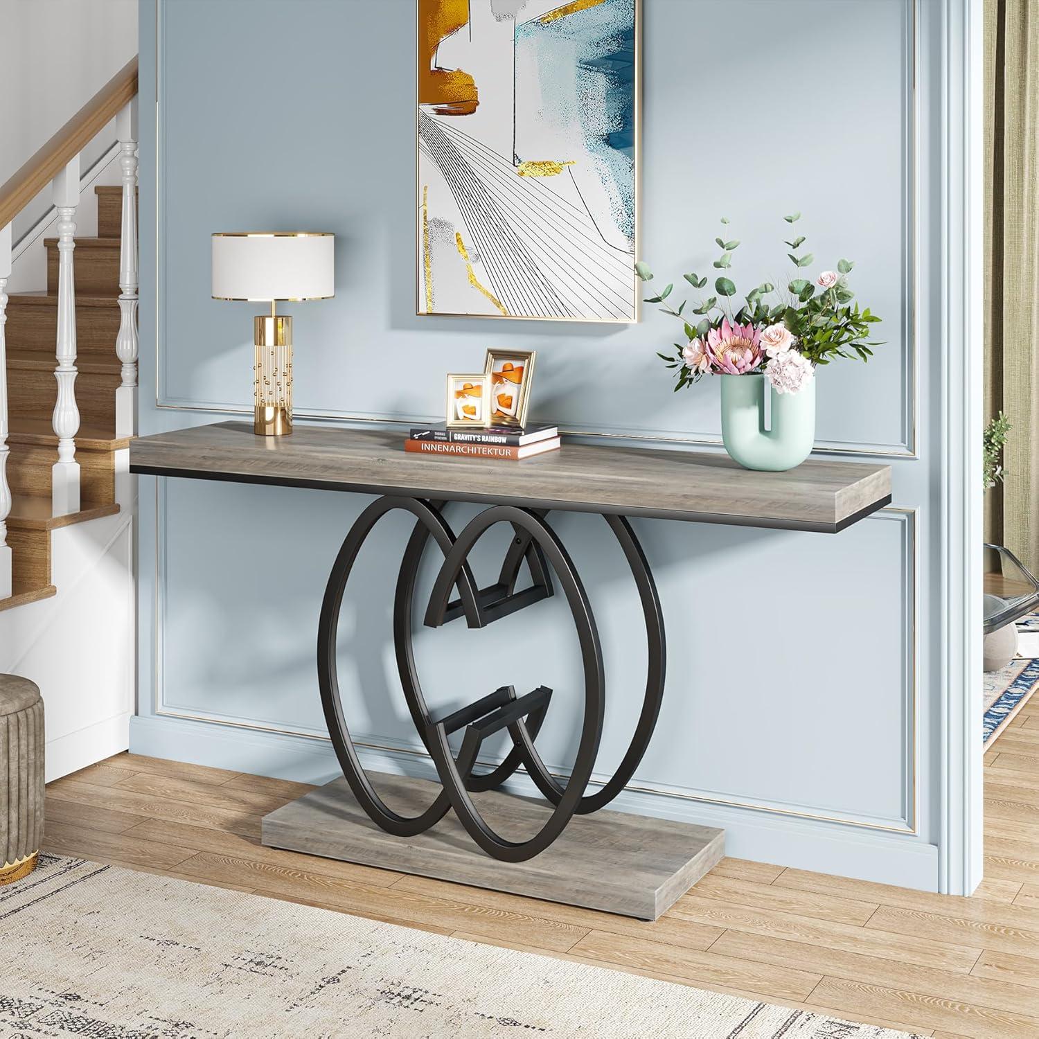 Gray Faux Marble and Black Metal Console Table with Geometric Base