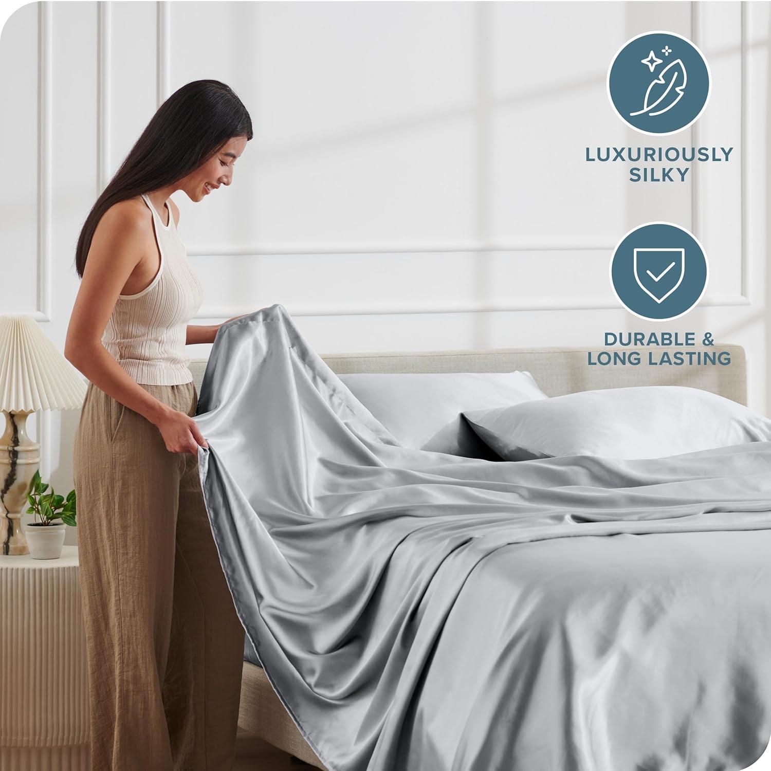 Bare Home Queen Poly Satin Sheet Set - Luxury Soft and Smooth Satin - for Hair and Skin - Breathable - Similar to Silk - Deep Pocket up to 15” - Bedding Sheet Set (Queen, Silver)