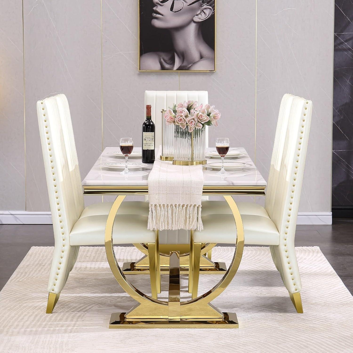 White Faux Leather High Back Side Chair with Gold Metal Legs