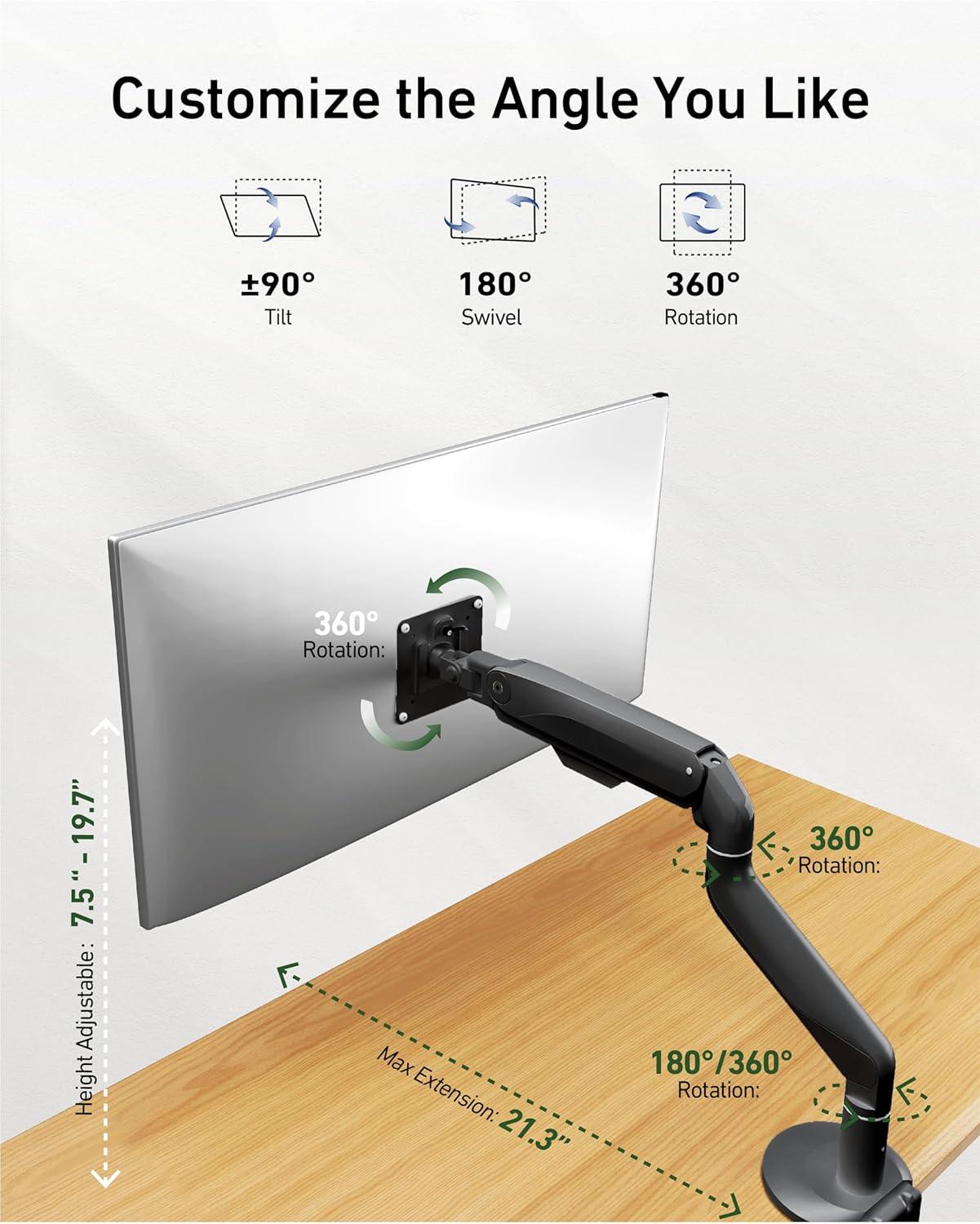 Single Monitor Mount for 17-49" Ultrawide Monitors Within 33.1 lbs - Heavy Duty Monitor Arm with VESA Mount, Single Monitor Arm Desk Mount, Adjustable Computer Monitor Stand, Black