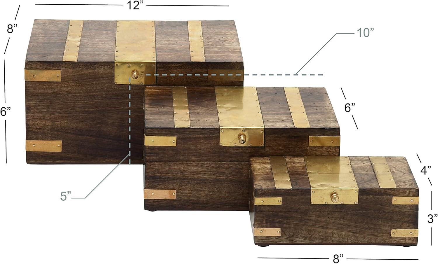 Olivia & May Set of 3 Traditional Brass Inlaid Wooden Boxes: Mango Wood Craftsmanship, Rectangular with Spot Clean Care