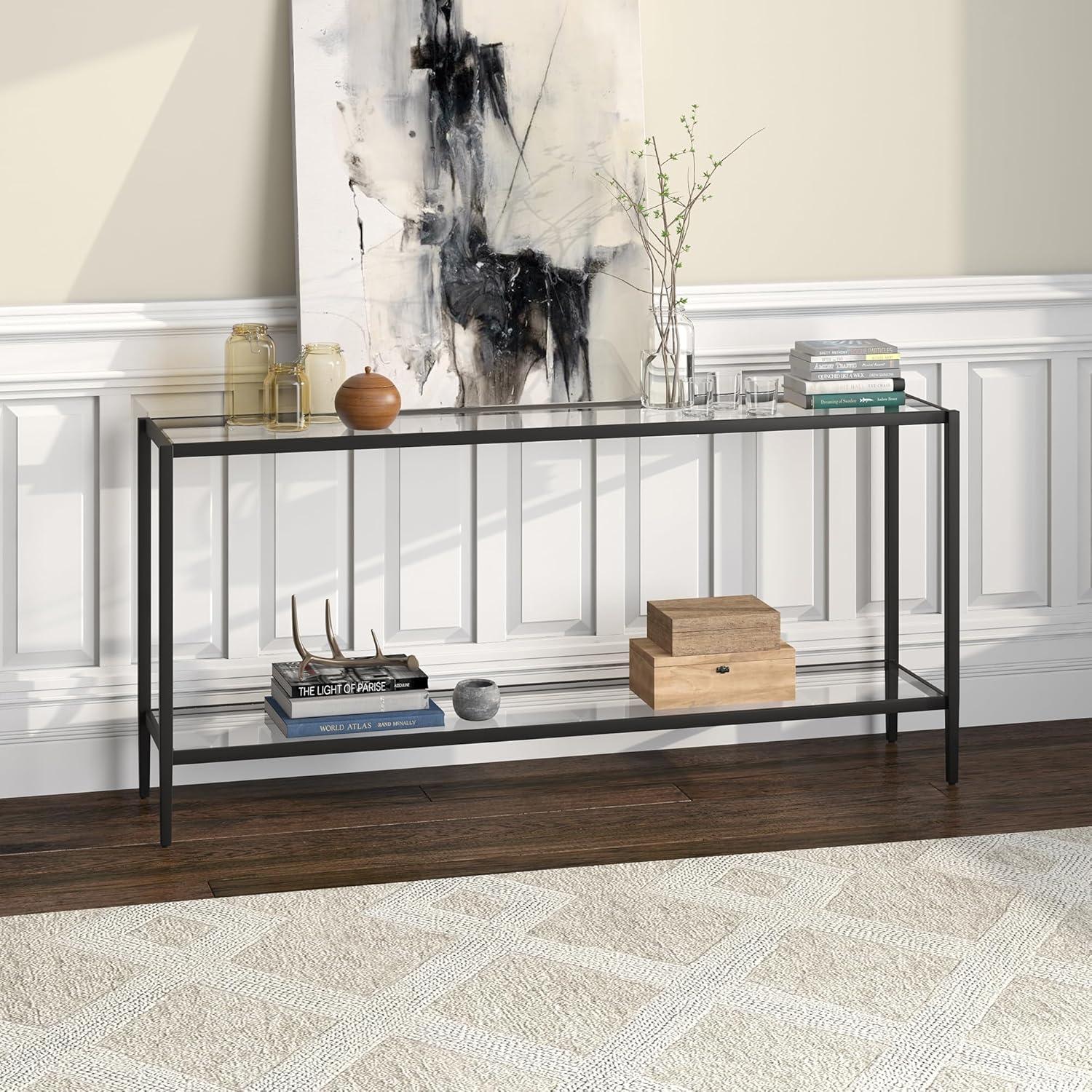 Aurora Modern Mirrored Console Table with Glass Shelf in Blackened Bronze