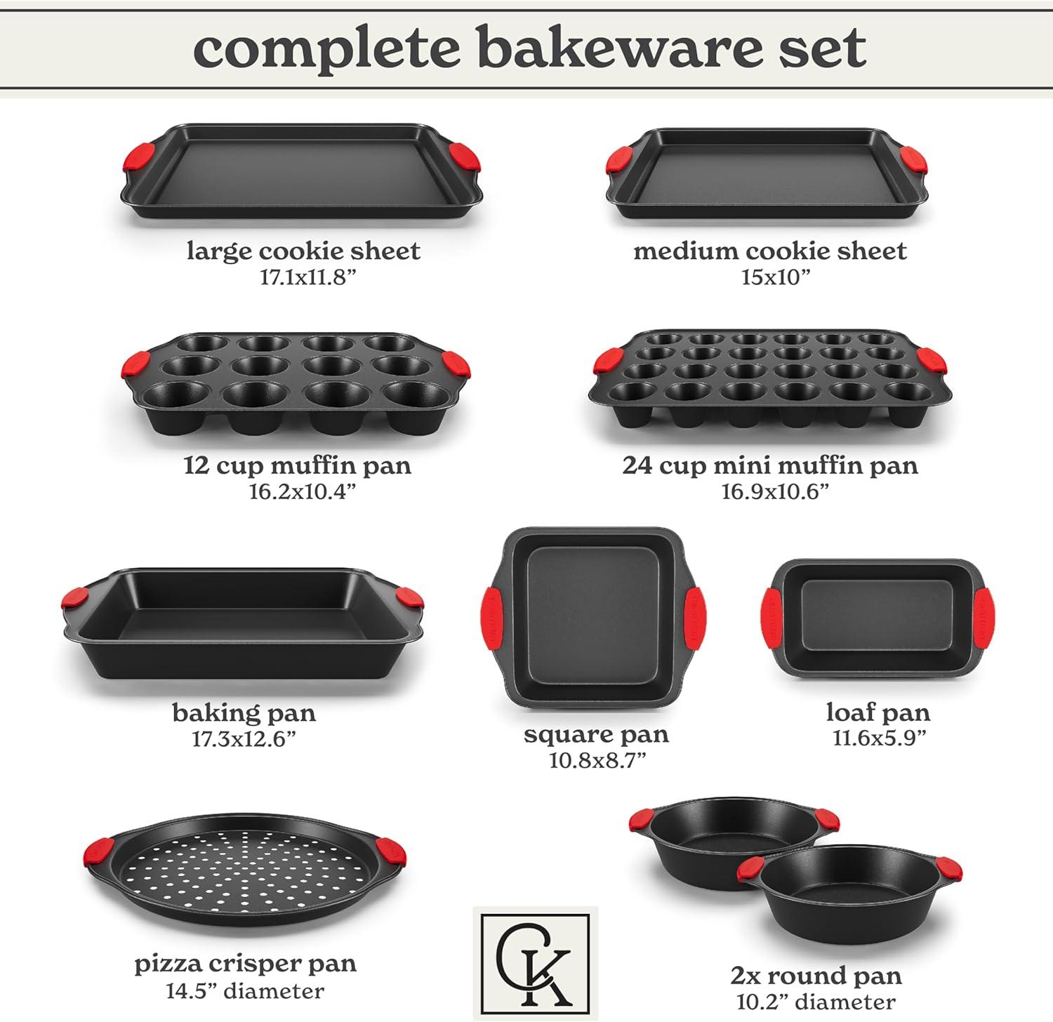 Nonstick Stackable Bakeware Set - Durable, Easy Release Baking Set, Red, 10 Pcs