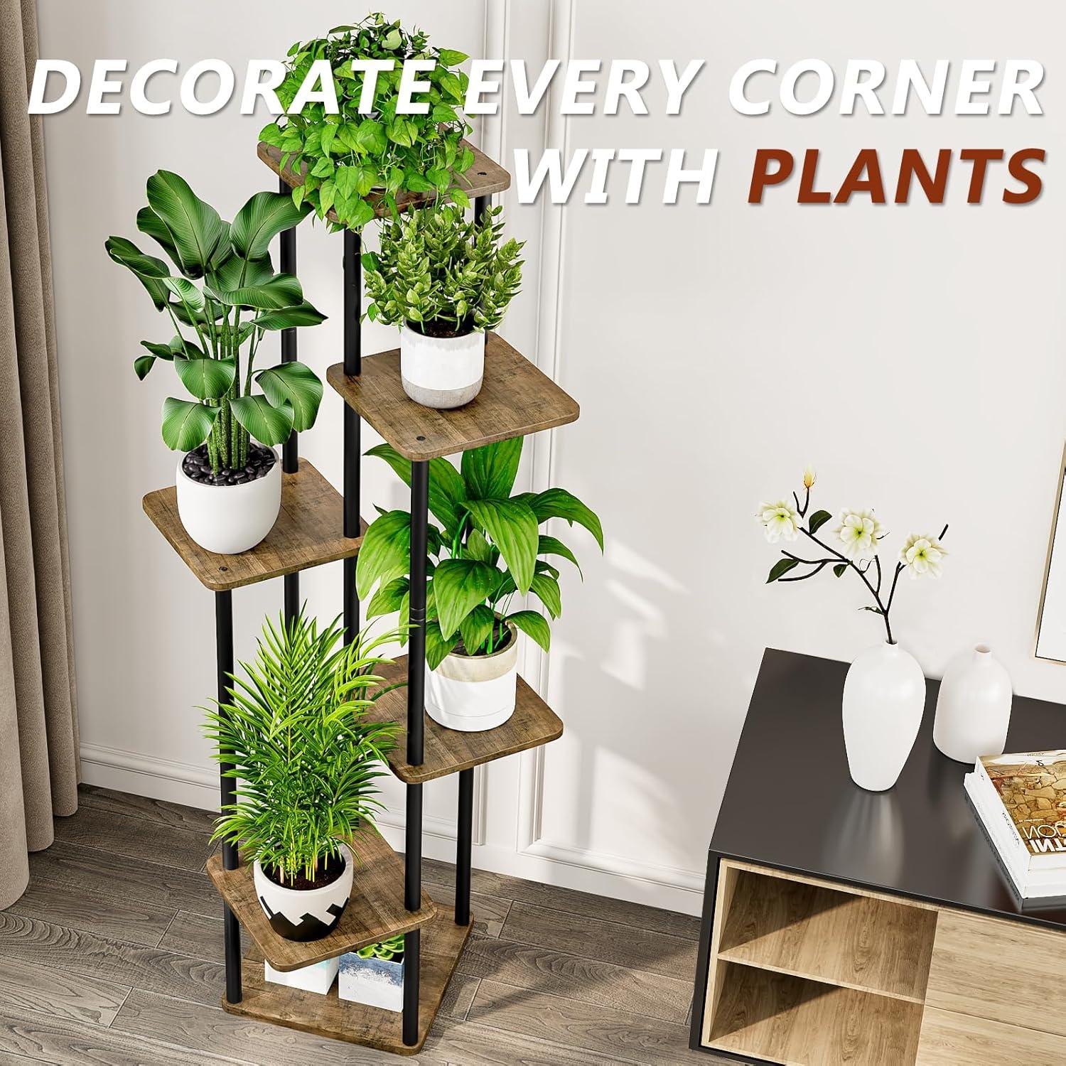 Black and Brown 6-Tier Metal and MDF Indoor Plant Stand