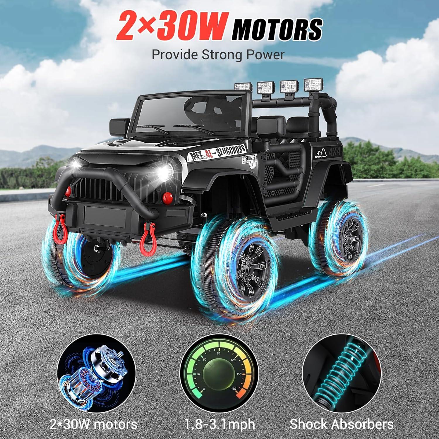 24V Electric Ride on Jeeps for Kids, Ride On Car Truck with Remote Control, Battery Power Car Wheels for Kids w/LED Lights, Bluetooth, Music, 3 Speeds, 24 Volt Ride on Toys for Boys and Girls