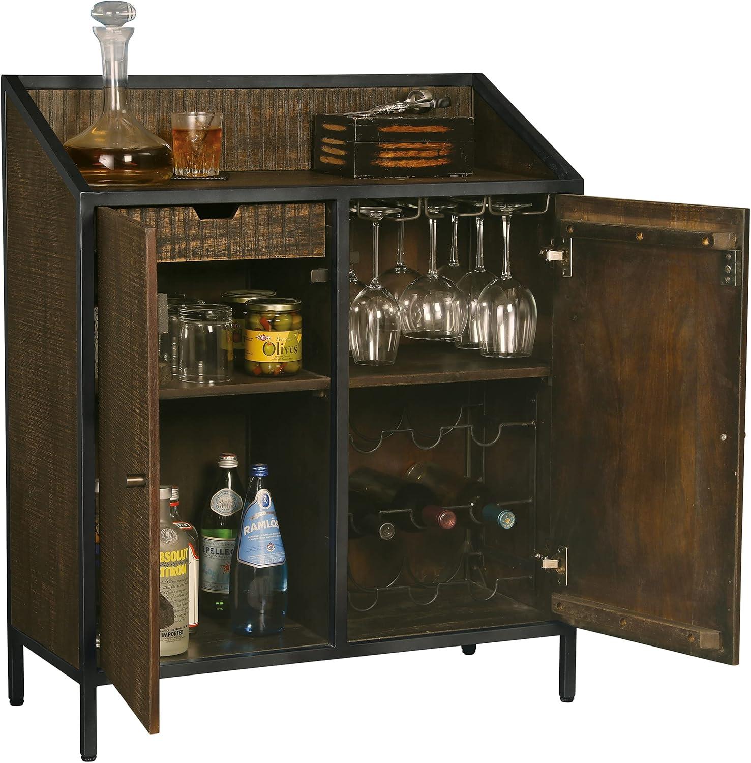 Vintage Charcoal Gray & Dark Brown Wine Bar Console with Storage