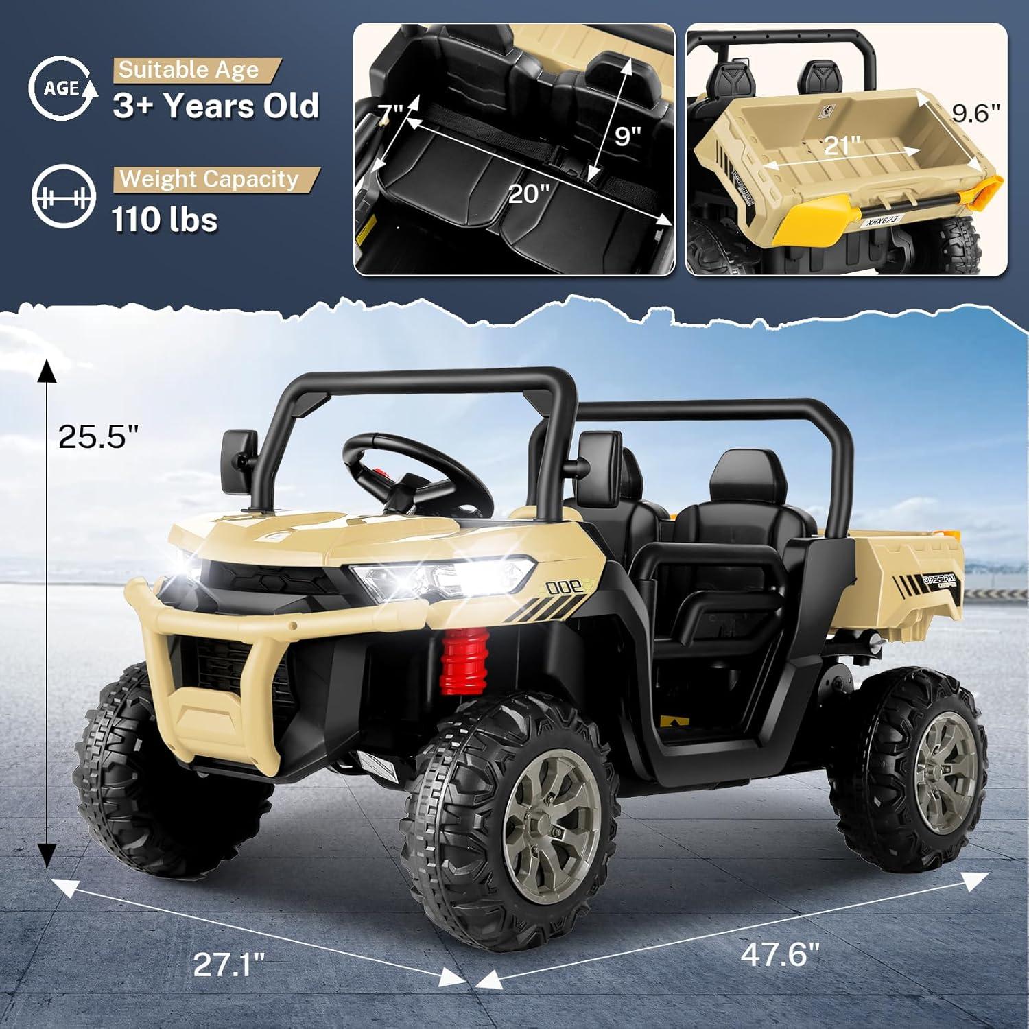 JOYRACER 24V 2 Seater Ride On Dump Truck with Remote Control , Electric UTV Car with Electric Dump Bed, 4WD Power Ride Cars W/6 Wheels Ride On Toys with Shovel Music Player