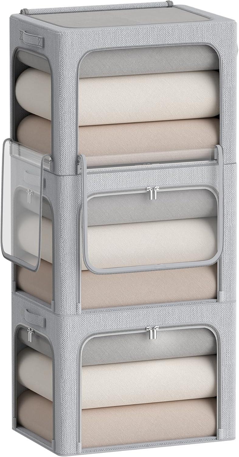 3 Openings Clothes Storage Bins with Metal Frame, Foldable Storage Bin for Clothes, Clothing Storage Bins with Lid, Linen Storage Box With Clear Window＆ Zippers＆ Durable Handles.(3 Pcs,Light Grey,40L)