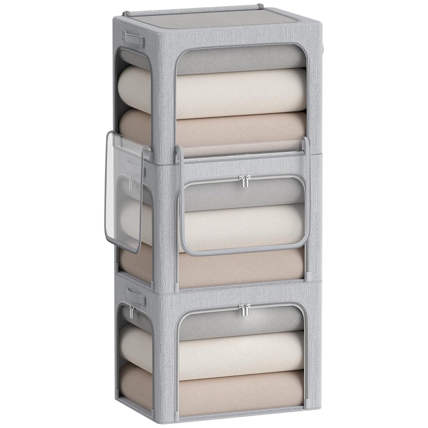 3 Openings Clothes Storage Bins With Metal Frame, Foldable Storage Bin For Clothes, Clothing Storage Bins With Lid, Linen Storage Box With Clear Window& Zippers& Durable Handles.(3 Pcs,Light Grey,40L)