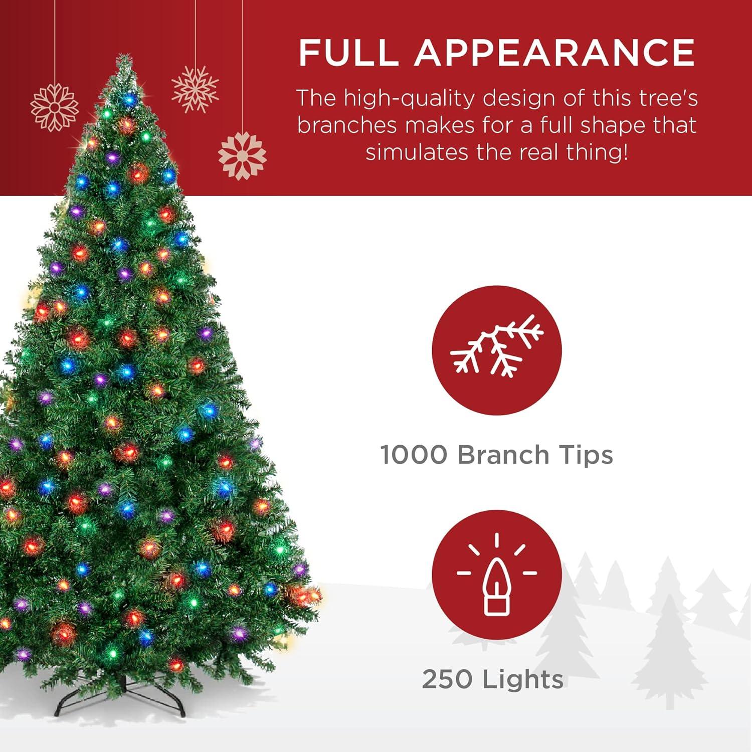 Best Choice Products 6ft Pre-Lit Premium Hinged Artificial Christmas Pine Tree w/ 1,000 Tips, 250 LED Lights, Metal Base