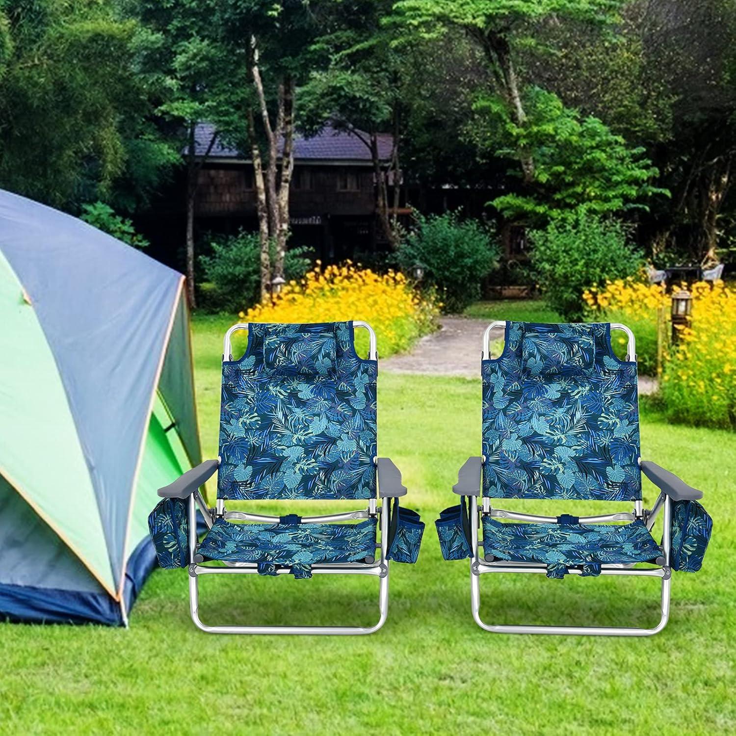 Topcobe 2-Pack Folding Backpack Beach Chair 5-Position Outdoor Reclining Chairs with Pillow, Foldable Outdoor Patio Chair for Deck, Backyard, Navy