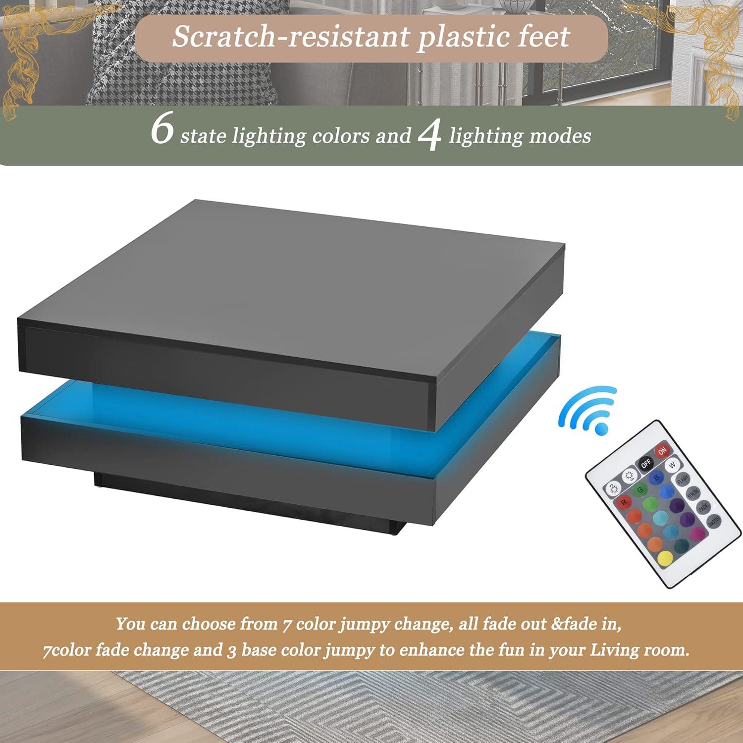 Modern Coffee Table, 2-Tier Square Coffee Table with Plug-in 16-Color LED Lights, High Gloss Coffee Table, Center Table for Living Room, 31.5”x31.5”x14.2”, Black