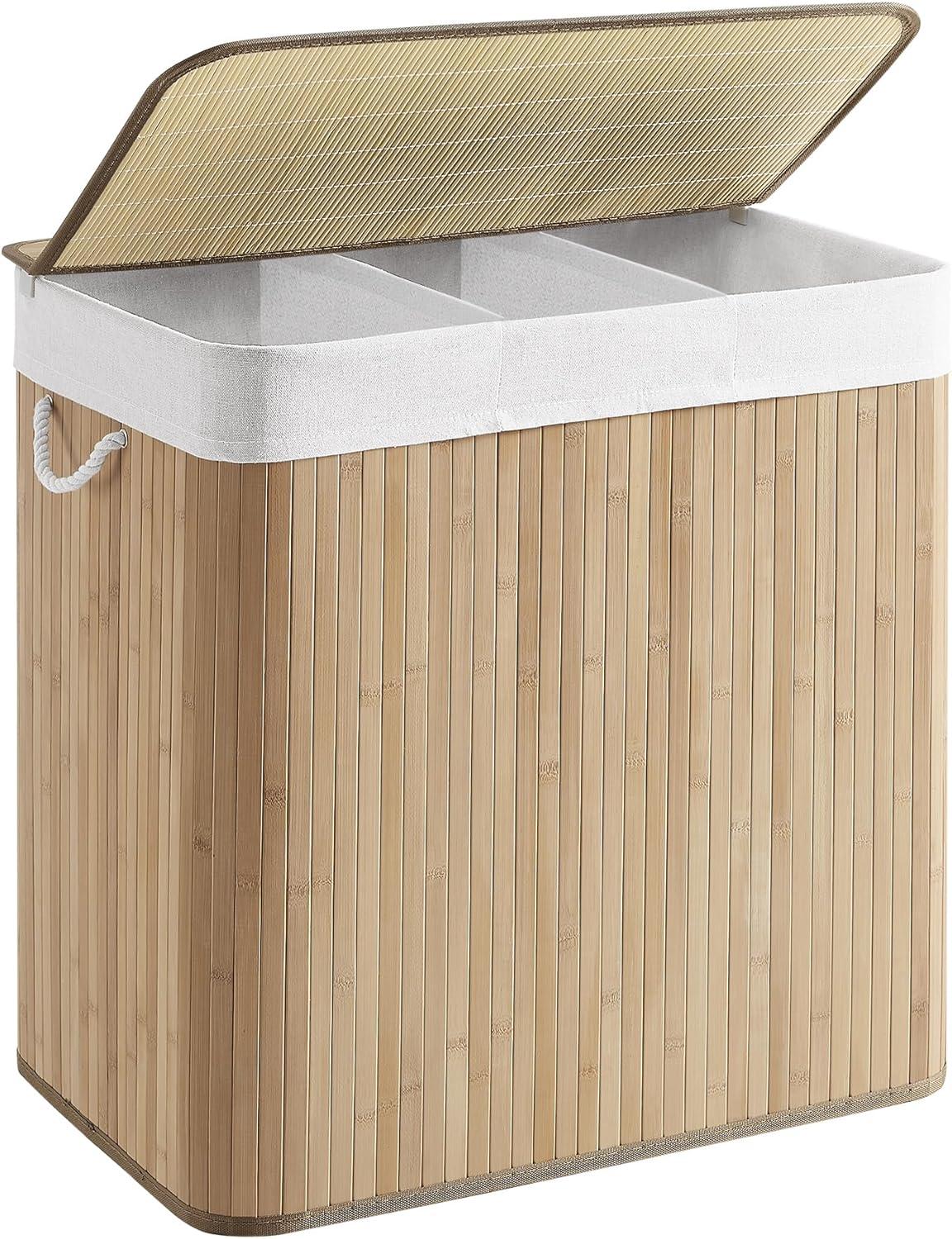 Natural Bamboo 3-Section Laundry Hamper with Lid