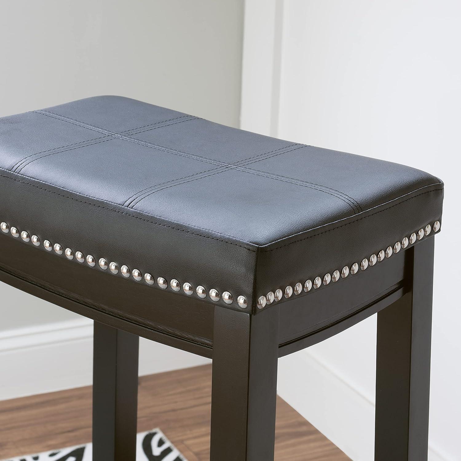 Claridge Backless Faux Leather Nailhead Saddle Barstool Black - Linon: Rubberwood Frame, 32.25" Height