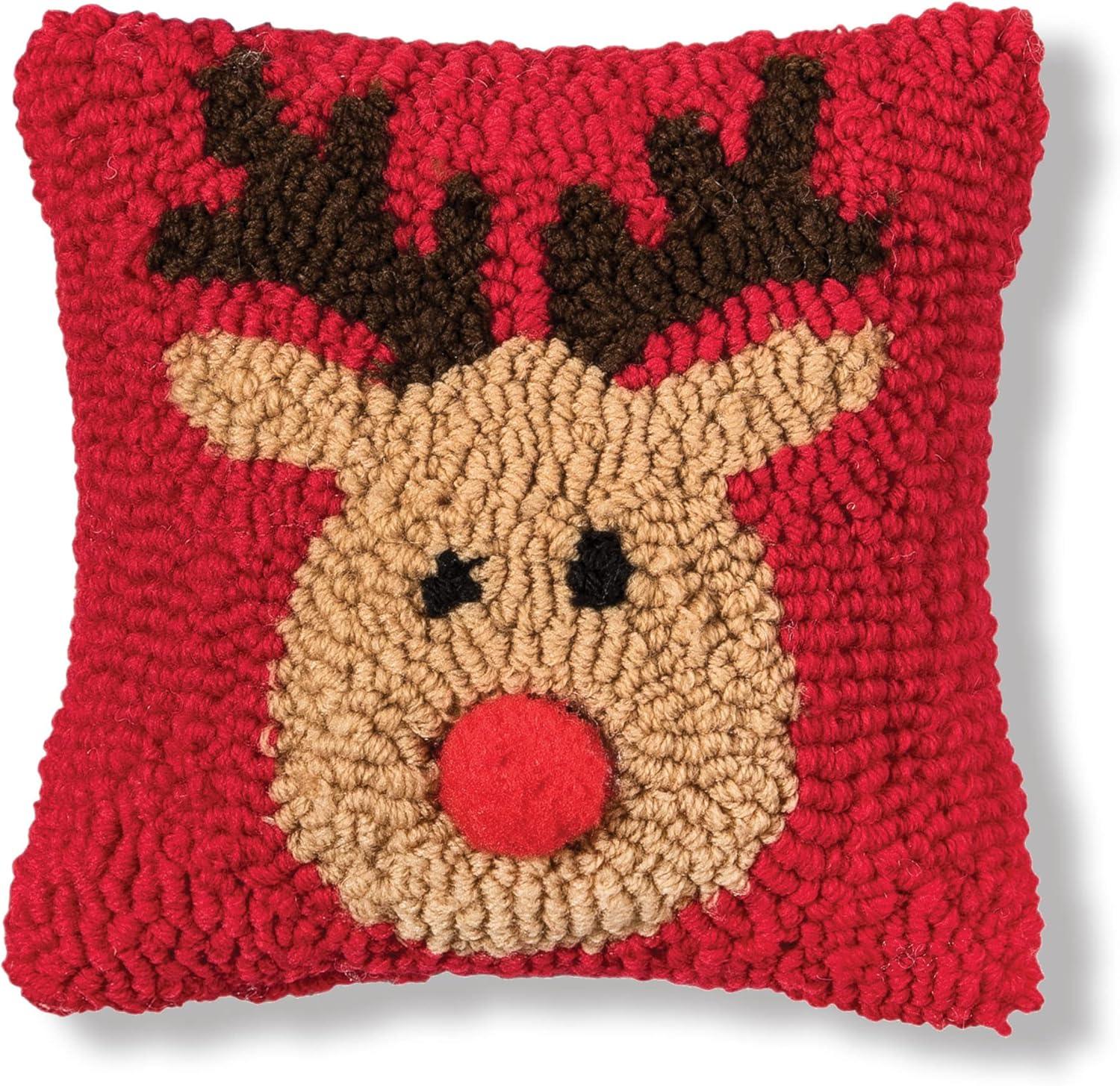 Reindeer Games Reindeer with Red Nose on Red Background Petite Accent Hooked Christmas Pillow