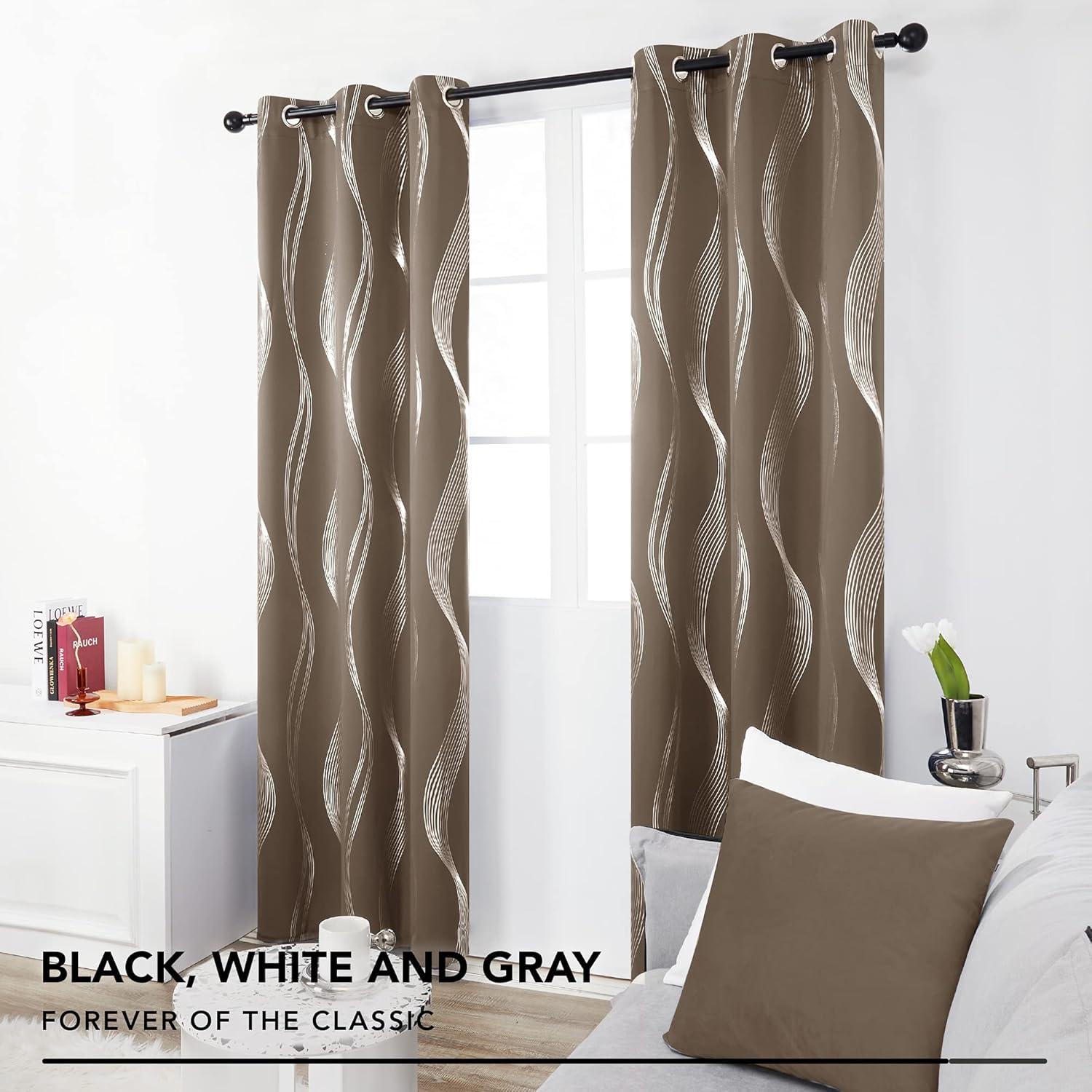 Deconovo Thermal Insulated Blackout Curtains for Living Room, 84 inch Long - Energy Efficient Curtains with Wave Lines Design (52 x 84 inch, Khaki, 2 Panels)
