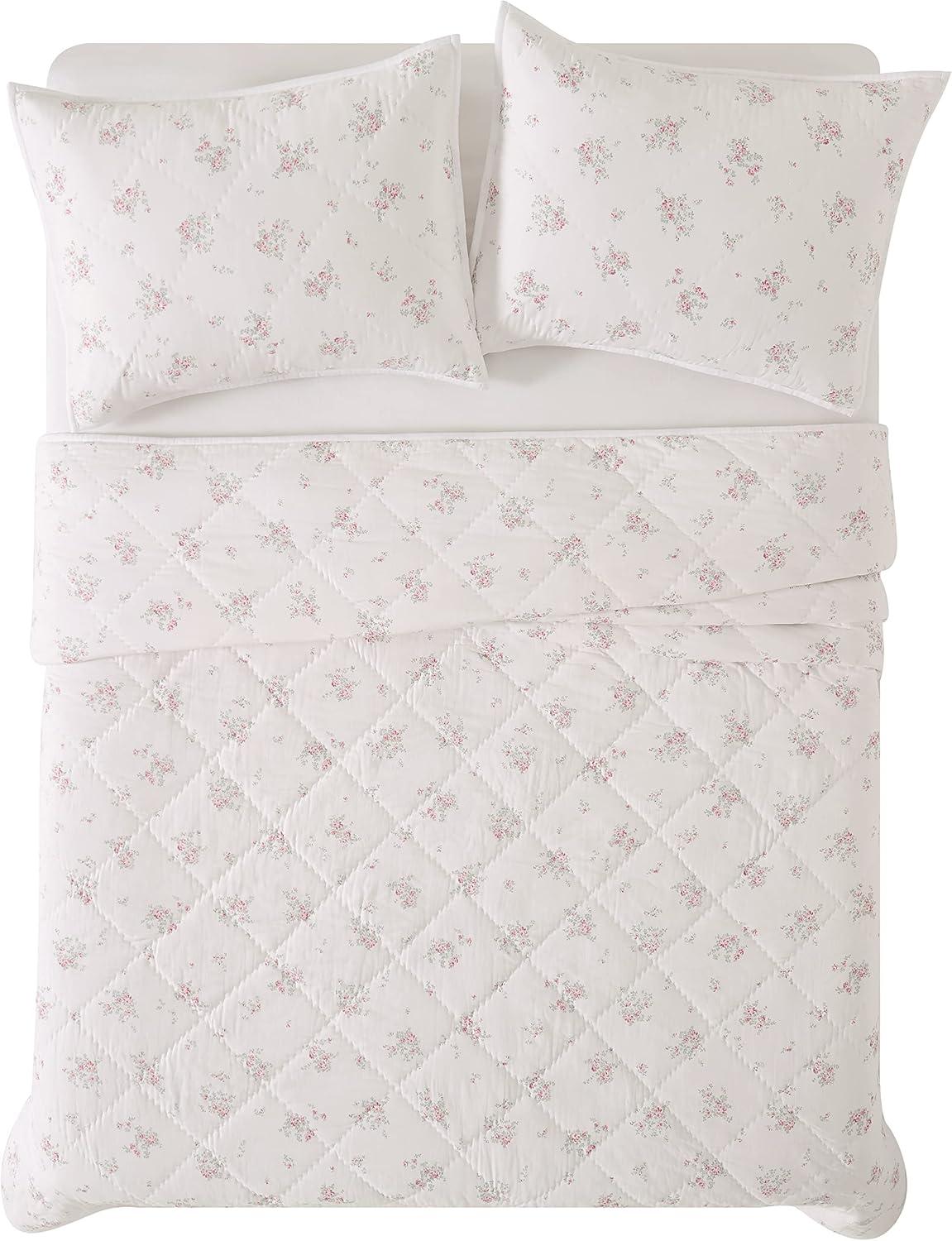 White and Pink Floral Cotton Twin XL Quilt Set