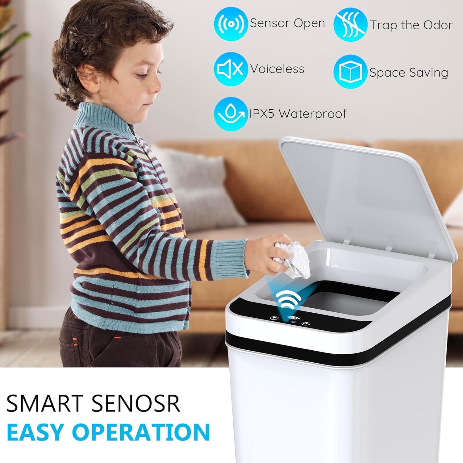 VQJTCVLY 2Pack Bathroom Small Trash Can with Lid, 2.6 Gallon Touchless Automatic Garbage Can Slim Waterproof Motion Sensor Smart Trash Bin for Bedroom, Office, Kitchen, Living Room (White)