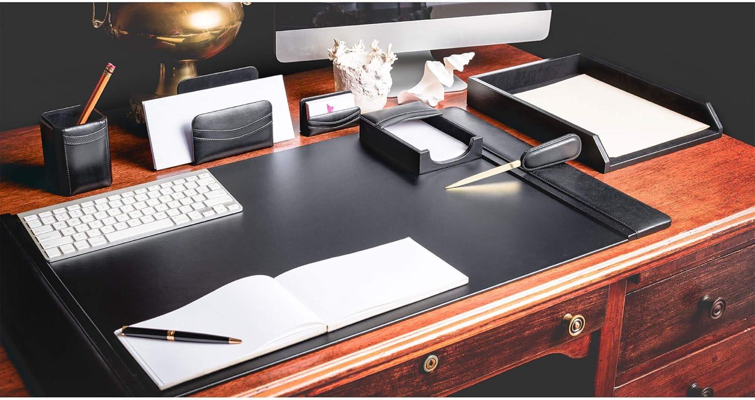 Black Leather 7-Piece Desk Organizer Set with Felt Backing