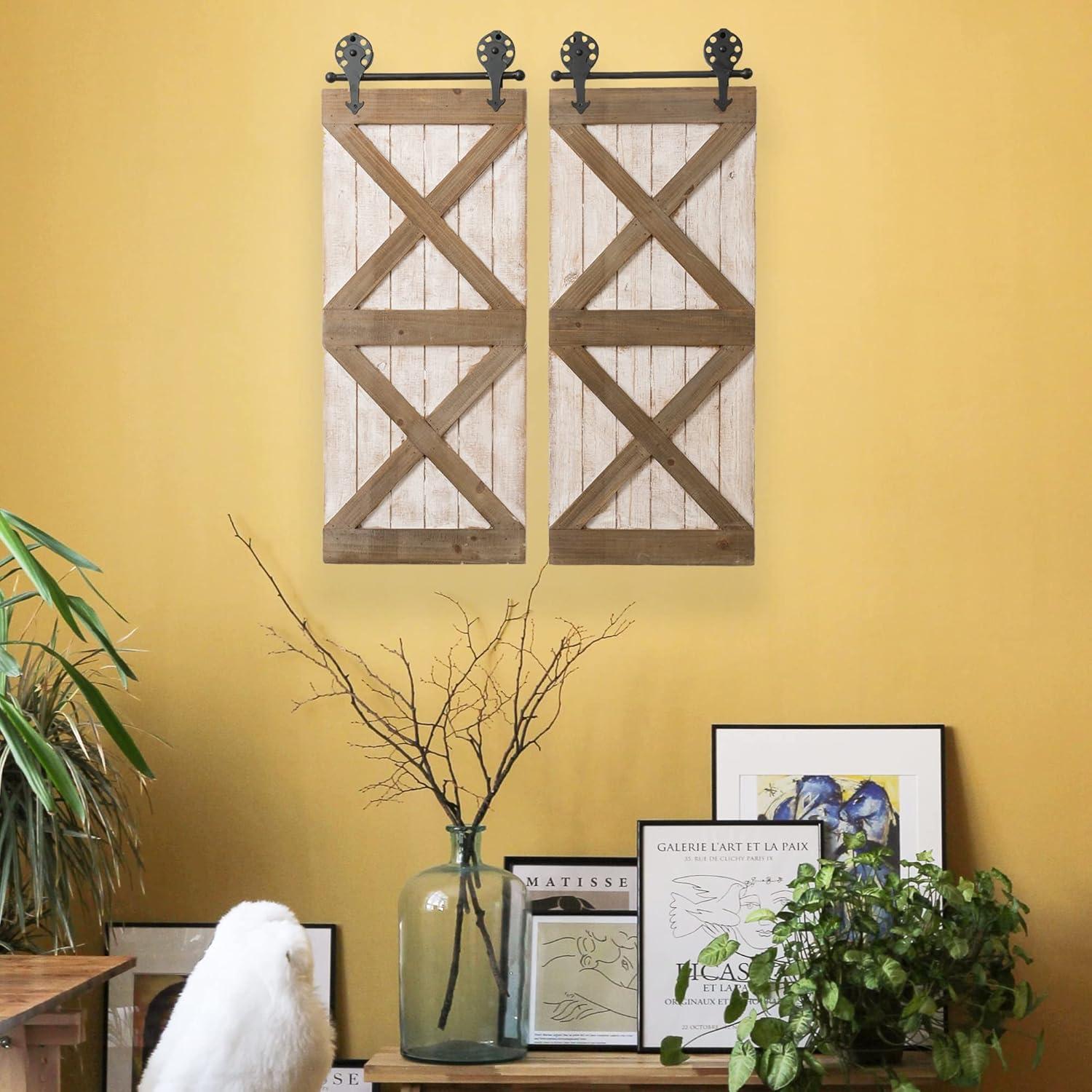 Glitzhome 35" H Farmhouse Wooden Barn Door Wall Decor,Rustic Barn Door Wall Art Decoration Vintage Wall Panels Accents Sign Window Shutters for Cottage Living Room Home Hanging Décor