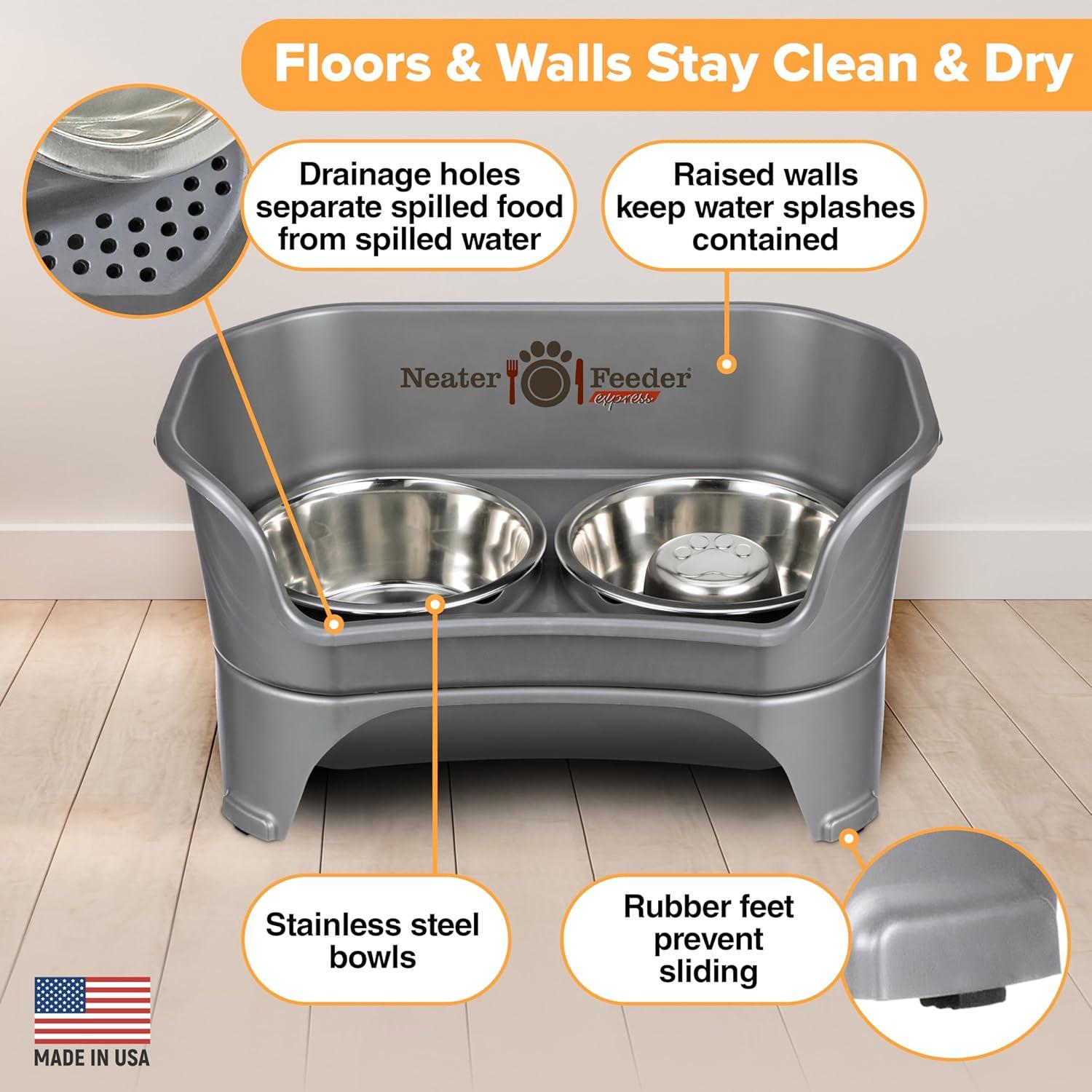 Gray Elevated Stainless Steel Pet Feeder with Slow Feed Bowl