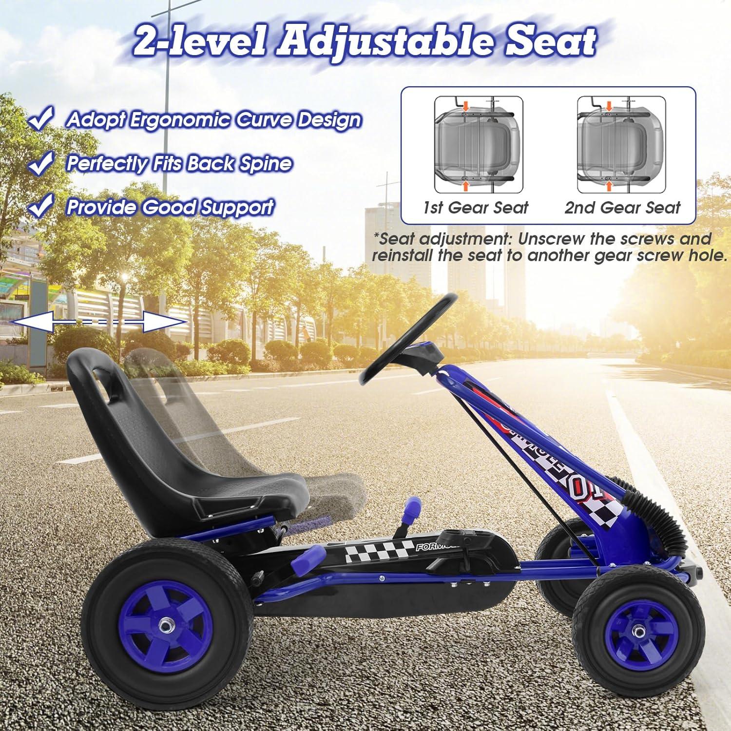 Blue Steel and Rubber Pedal Go Kart with Adjustable Seat