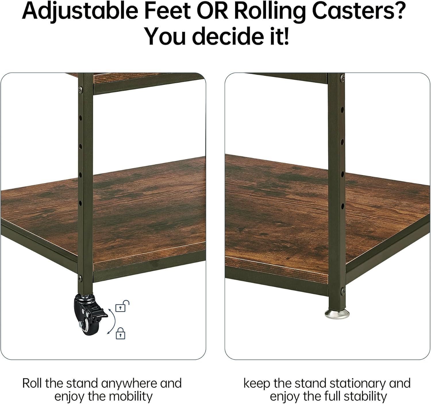 Large Printer Stand with Adjustable Storage Shelf, 3 Tier Printer Cart with Wheels for Home Office Organization, Rolling Table Stand for Heat Press Mini Fridge, Industrial Style