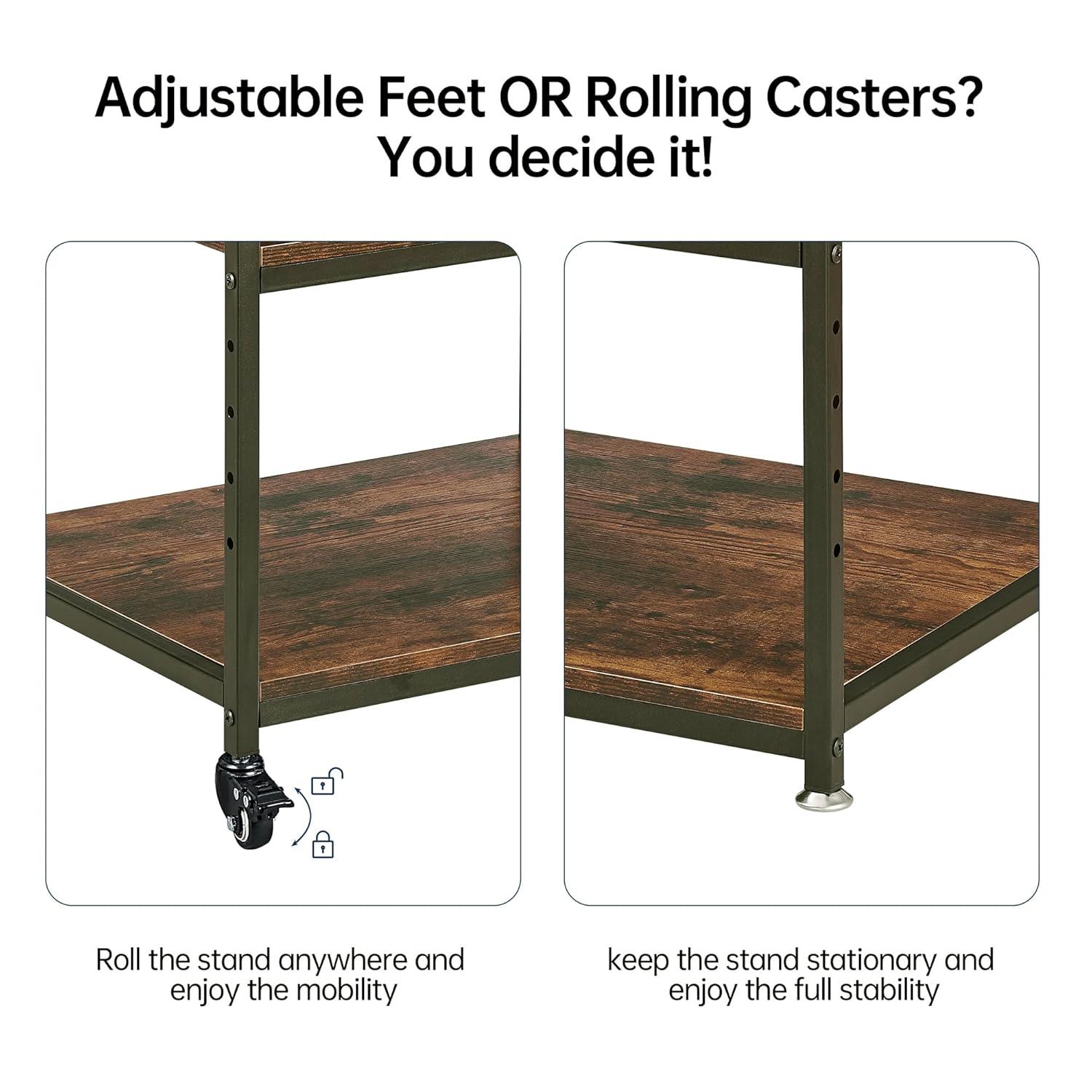 Large Printer Stand with Adjustable Storage Shelf, 3 Tier Printer Cart with Wheels for Home Office Organization, Rolling Table Stand for Heat Press Mini Fridge, Industrial Style