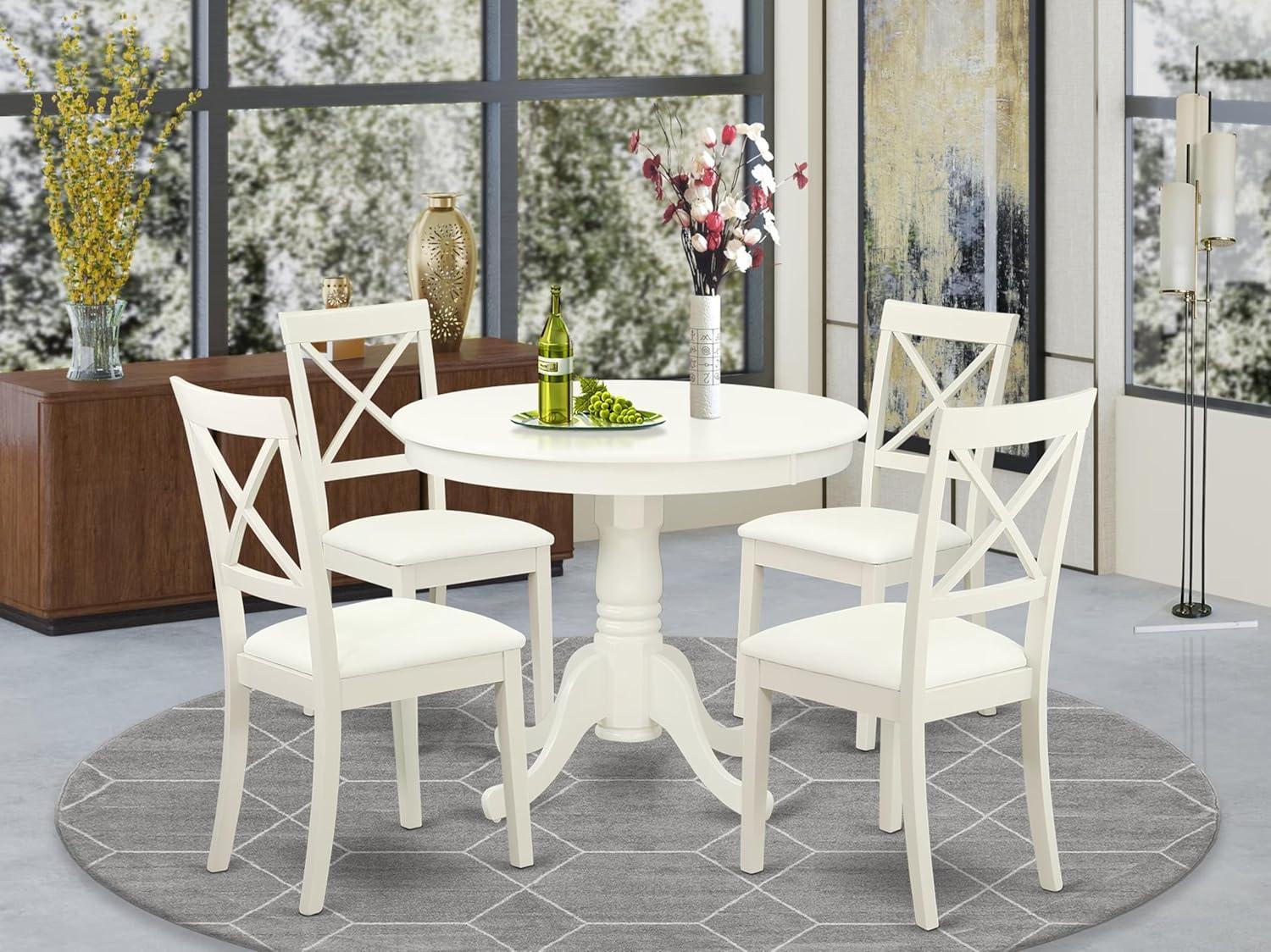 East West Furniture Antique 5-piece Dining Set with Leather Seat in Linen White