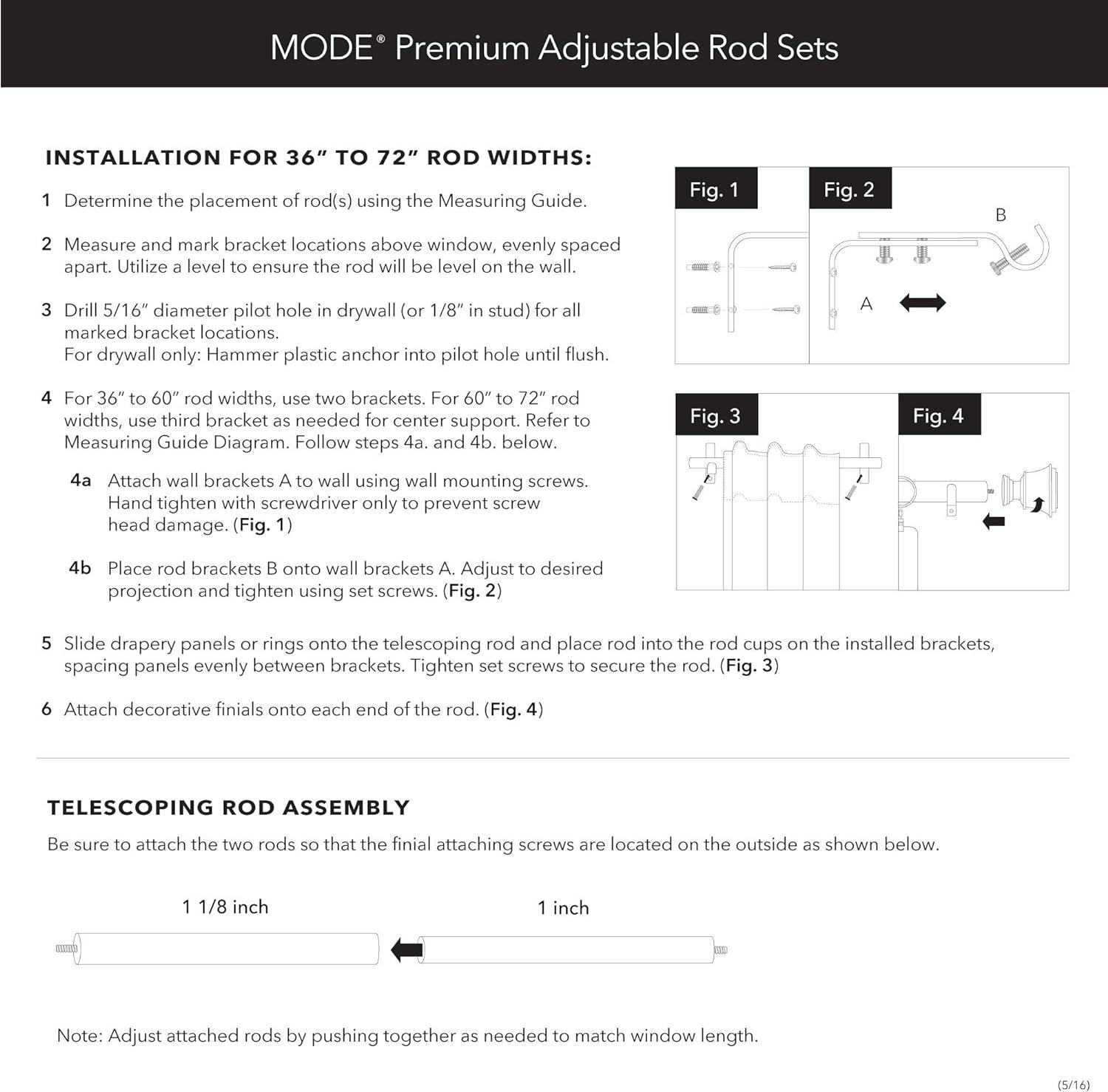 MODE Mode Premium Collection 1 1/8 in Diameter Curtain Rod, Cylinder Finials and Steel Wall Mounted Adjustable Rod